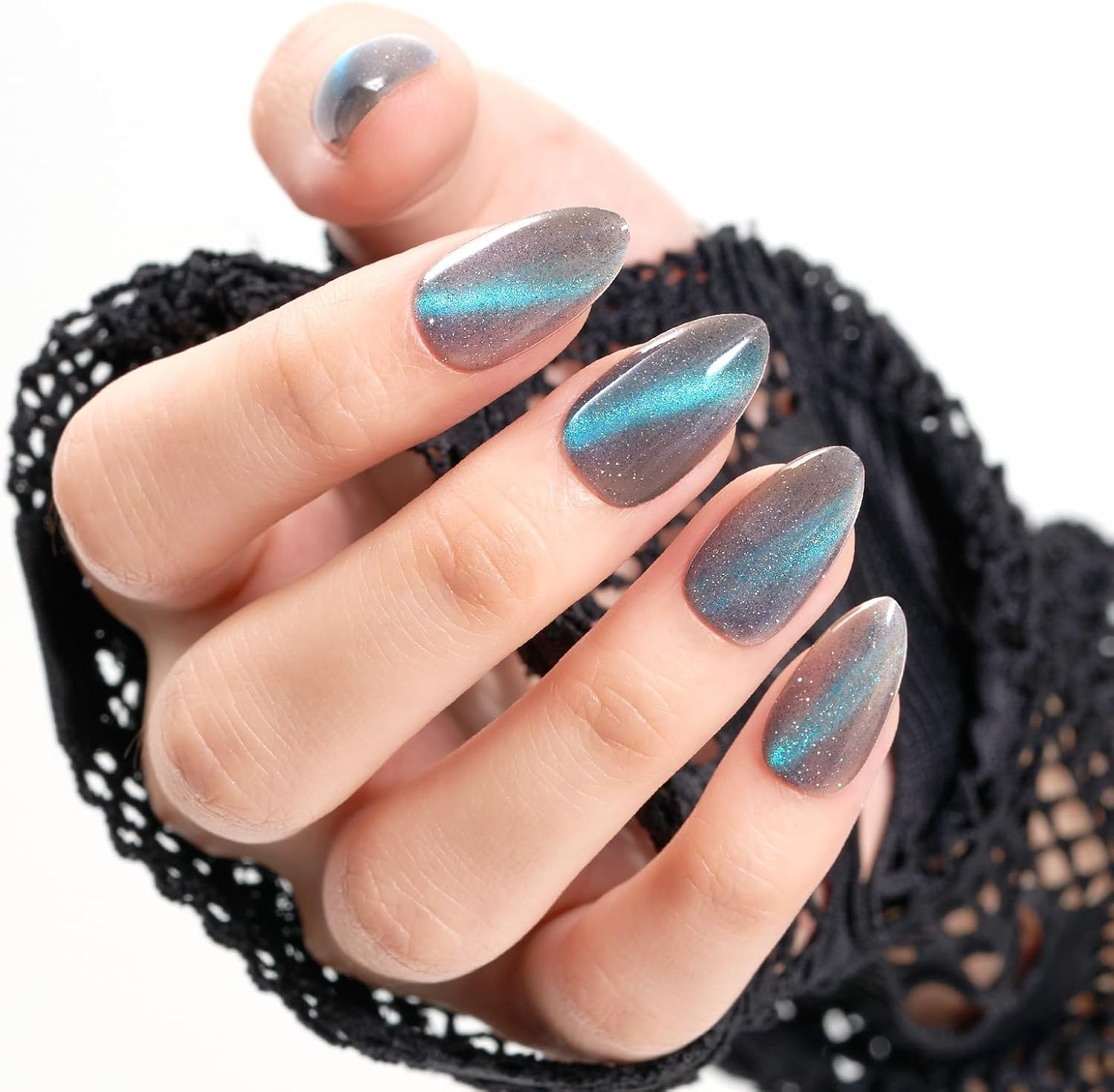 Cat Eye Press on Nails Short, Grey Handmade Almond False Nails with Green Glitter Design, Glossy Salon Perfect Magnetic Gel Bling Nails in 12 Sizes - 24Pcs Glue on Nails Kit for Women image number 2