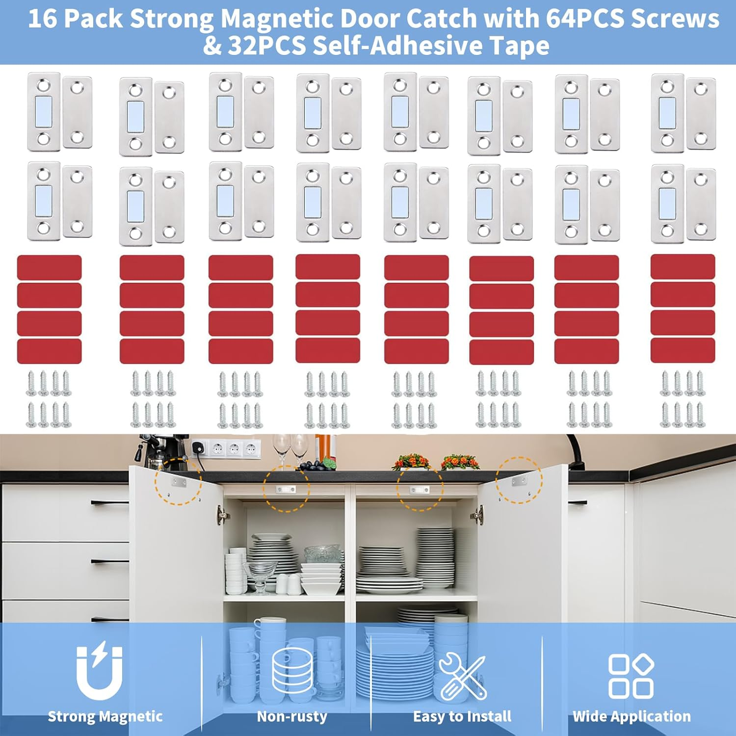 16 Pack Strong Magnetic Door Catch with 64PCS Screws & 32PCS Self-Adhesive, Ultra Thin Invisible Door Catch for Kitchen Cabinet Shower Doors Catch, Drawers Latch, Cupboard Closet Door Closer (Silver) image number 4