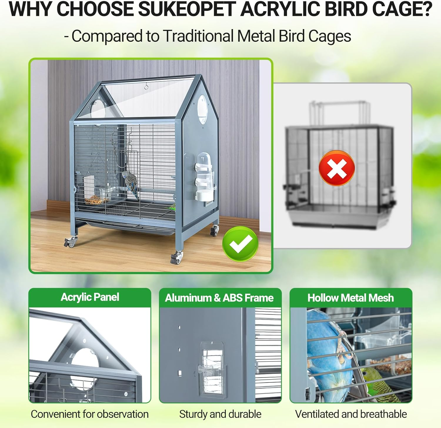 SUKEOPET Acrylic Bird Cage, 25 Inch Medium Rolling Birdcage with Water Bottle Bird Feeder Perch, Panoramic View Bird Cage for Conure Lovebird Parrot Parakeet Cockatiel image number 3