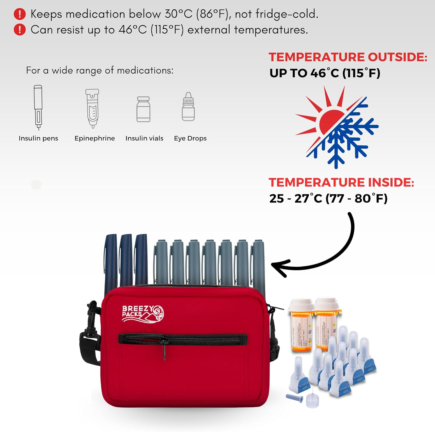 Insulin Cooler Travel Case | Epipen Carry Case | Insulin Travel Case Tsa-Approved | Self-Recharge, No Electricity or Refrigeration | Breezypacks | Keep Medicine at Room Temp. | Breezy Mega (Red) image number 1