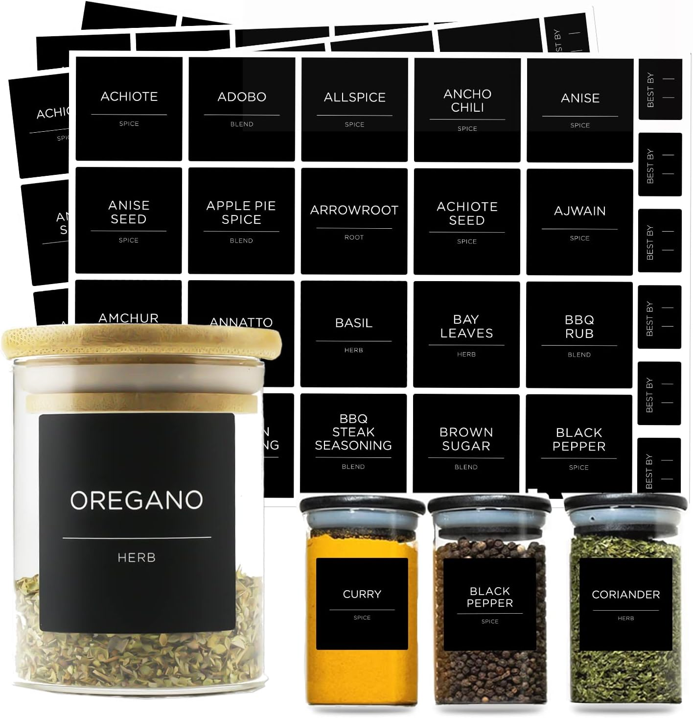 168 Pantry Labels, Prefdo Minimalist Farmhouse Waterproof Preprinted Food Name Stickers + Numbers for Kitchen Organization Storage Containers, Jars & Canisters (Black)