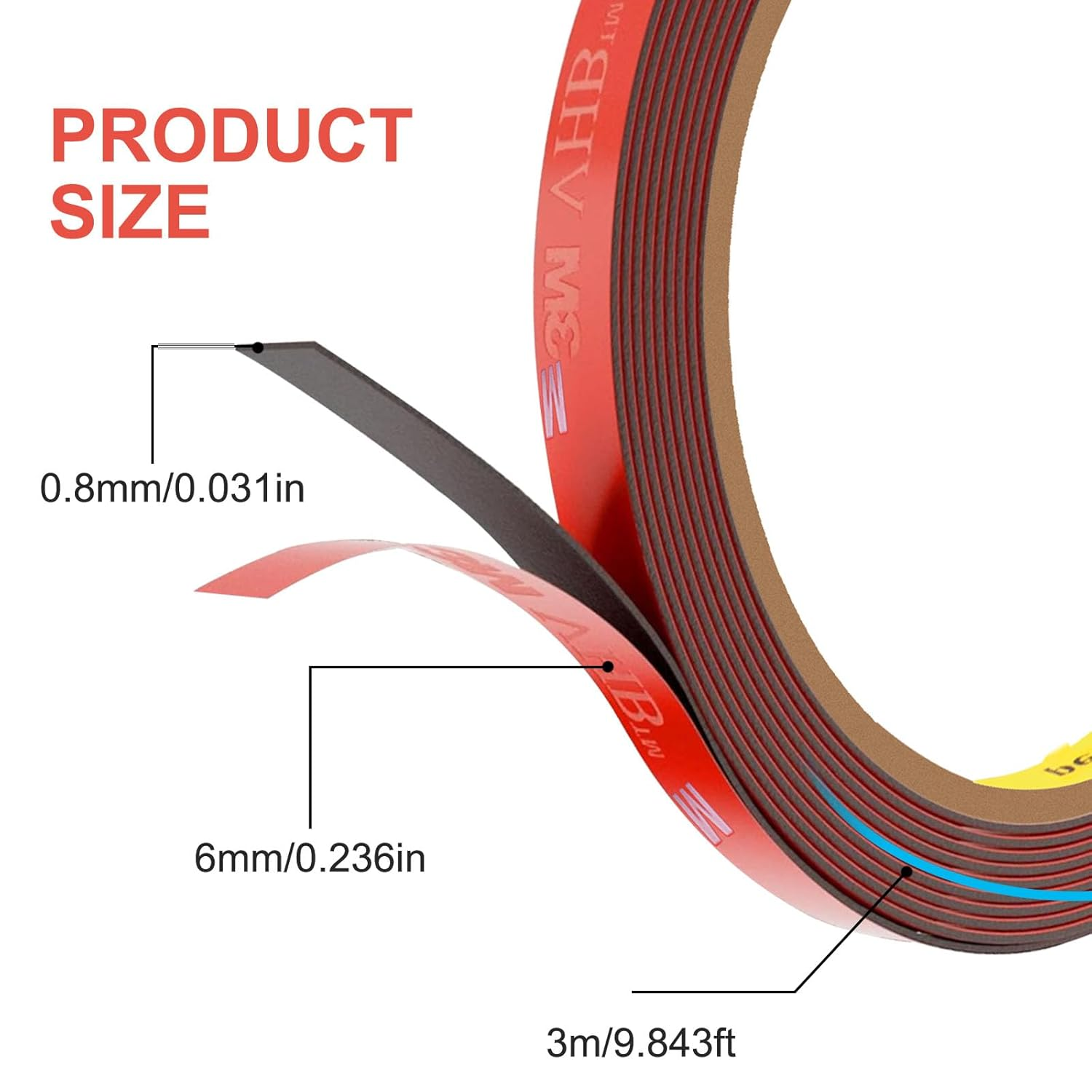 Double Sided Tape 3M Heavy Duty &ndash; 9.8 FT X 0.24" (3M X 6Mm) Strong Foam Mounting Tape, 0.03" Thick 3M Adhesive, Waterproof & High Hold for Walls, Automotive, Home & Office Decor (Pack of 2) image number 4