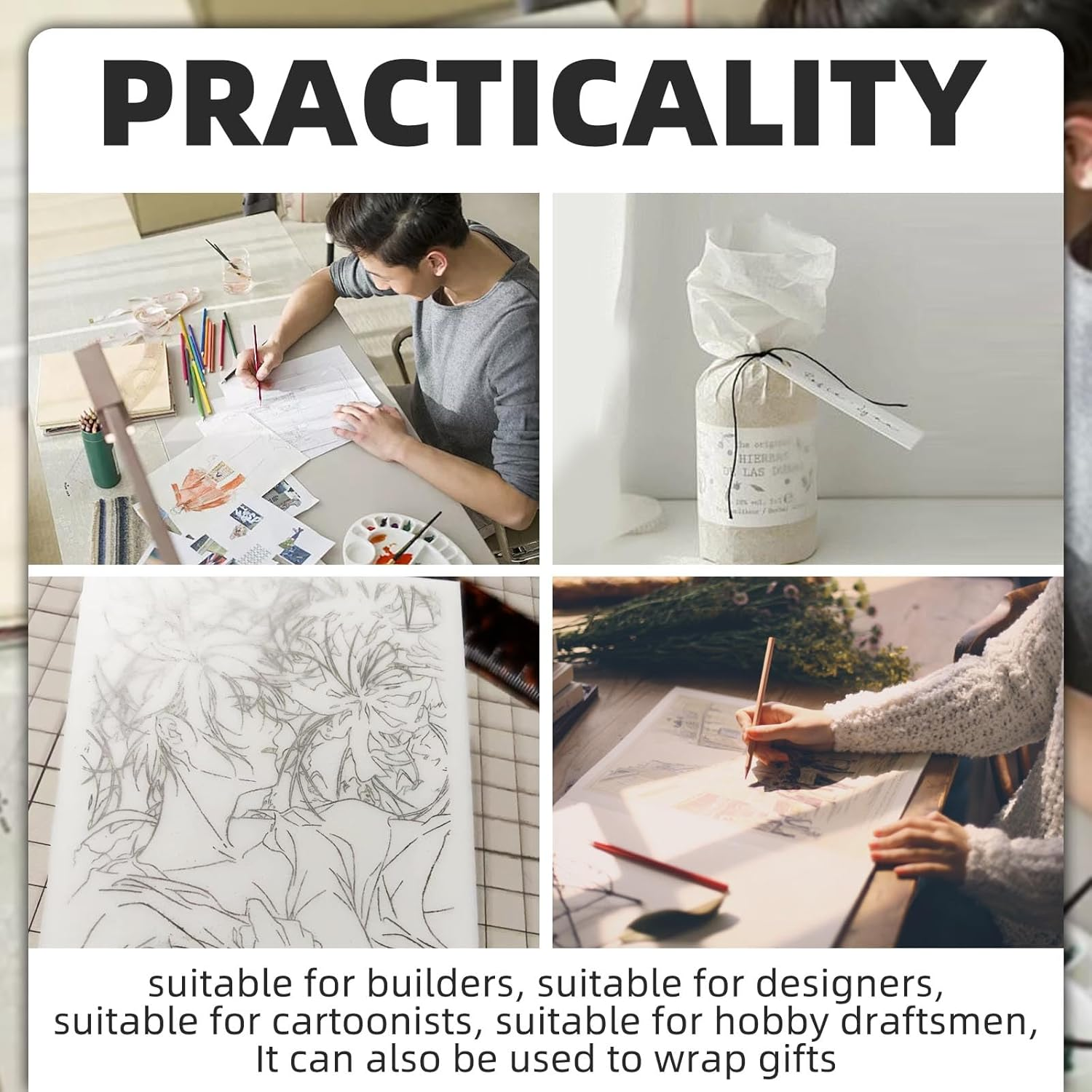 Tracing Paper Roll, White Tracing Paper Sketching Roll Translucent Pattern Paper for Sewing Drawing Sketching Gift Wrapping (44Cm X 23M) image number 1