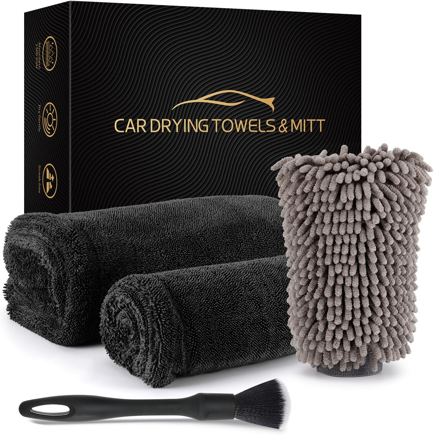 Car Drying Towel Set of 4,1300 GSM Microfiber Towels for Cars, 36" X 24" & 16" X 16", Ultra-Absorbent, Streak Free, Premium Microfiber Cleaning Cloth with Car Wash Mitt and Brush (4, Black) image number 2
