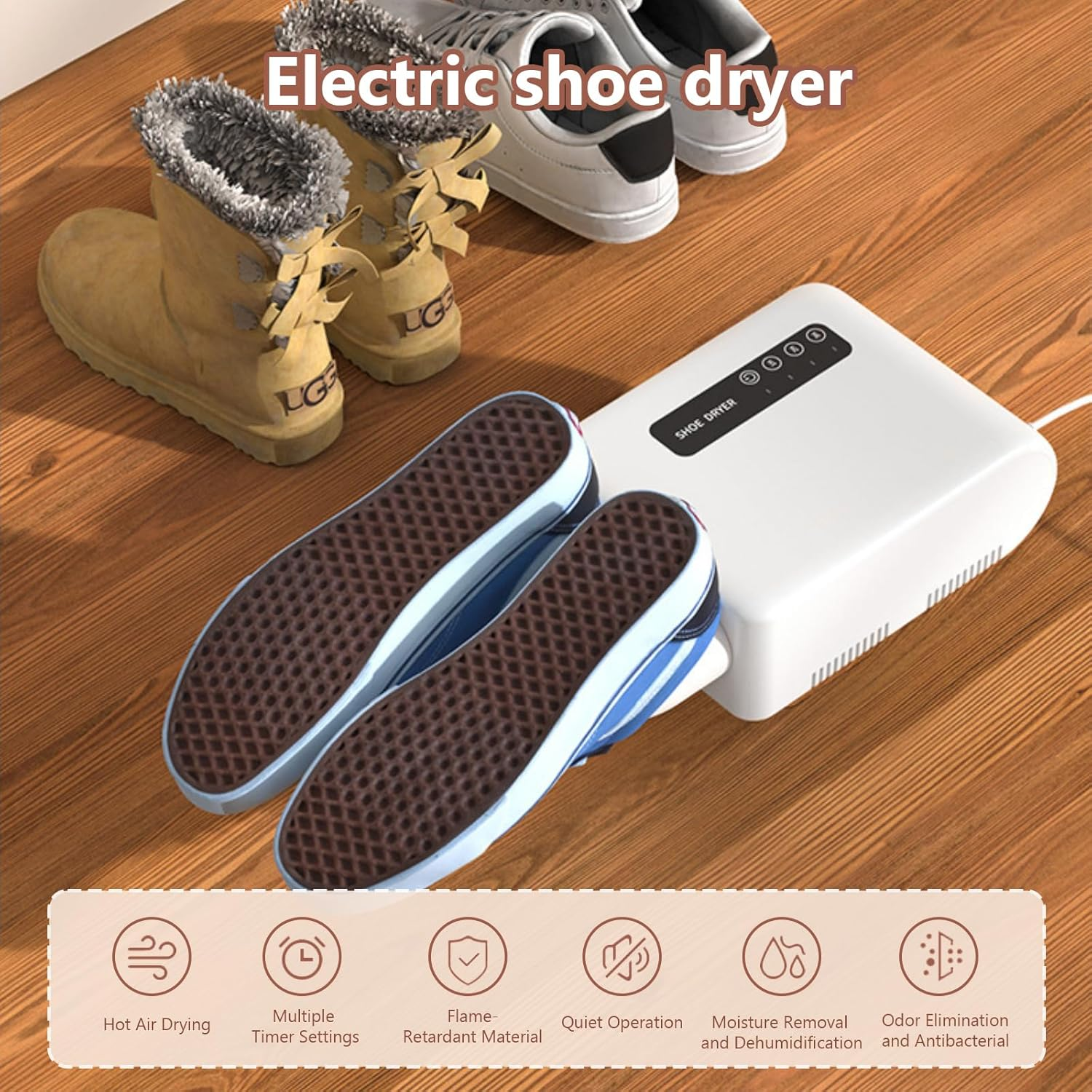 UOEPOWA Portable Shoe and Boot Dryer for Ski Boots, Work Shoes, Rain Boots, Socks, and Gloves &ndash; Fast Drying, Odor Removal, Antibacterial with Timer, Wall-Mountable Design for Space-Saving (AU Model)