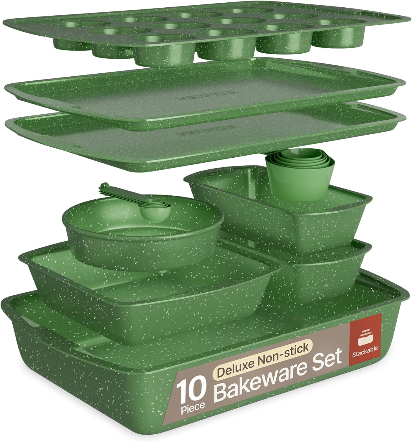 Green 10-Piece Bakeware Sets, Nonstick Carbon Steel Baking Sheet & Pans, Stackable Space-Saving Bakeware, Dishwasher Safe, Stain-Resistant, PFOAPFOSPTFE Free, Oven Safe up to 450&deg;F (230&deg;C) image number 6
