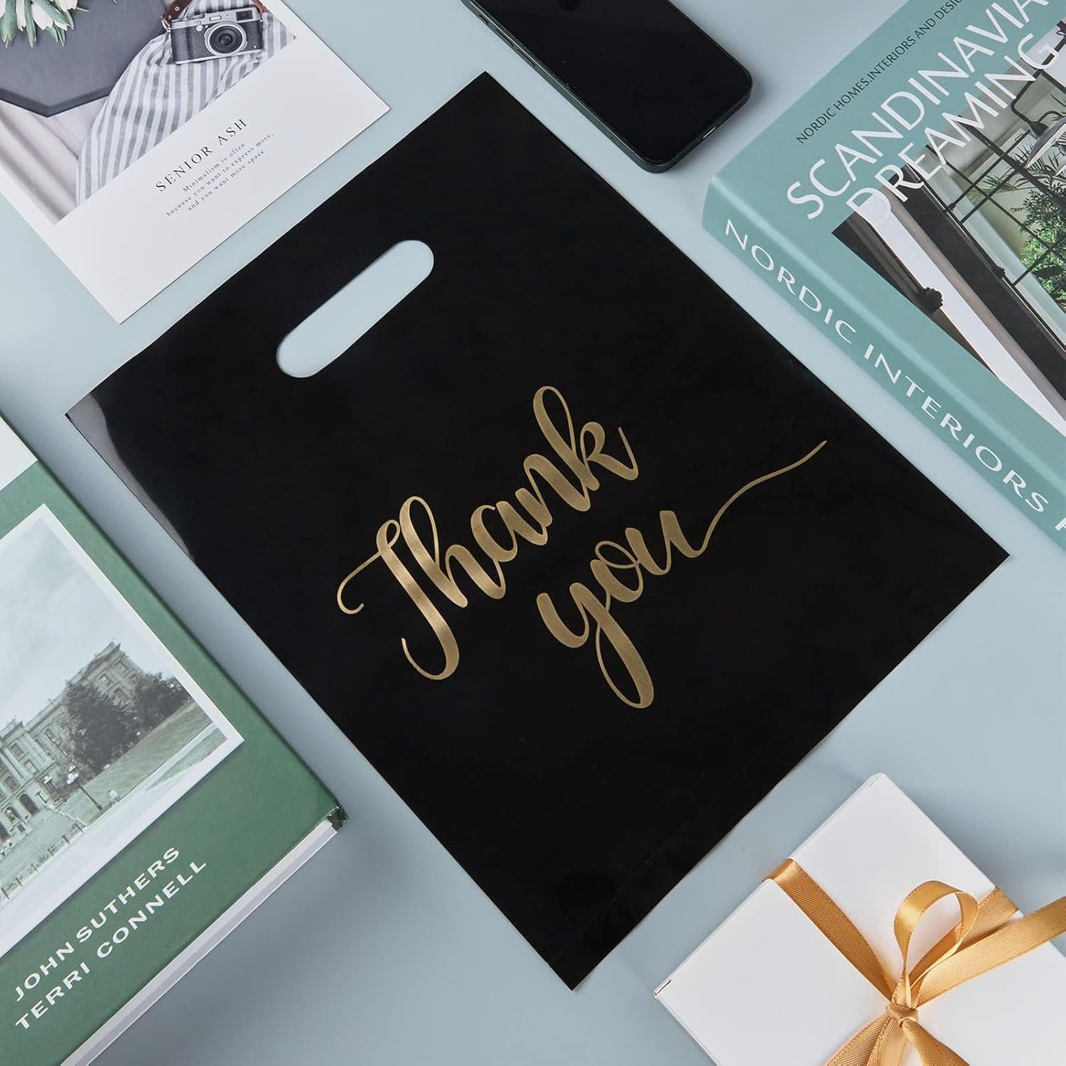 100 Pack Thank You Bags for Business Small Shopping Bags, Plastic Merchandise Gifts Bag for Packaging Products, Retail Boutique for Wholesale Clothes Stores, Polka Dot, Black (Black, 23X30Cm) image number 2