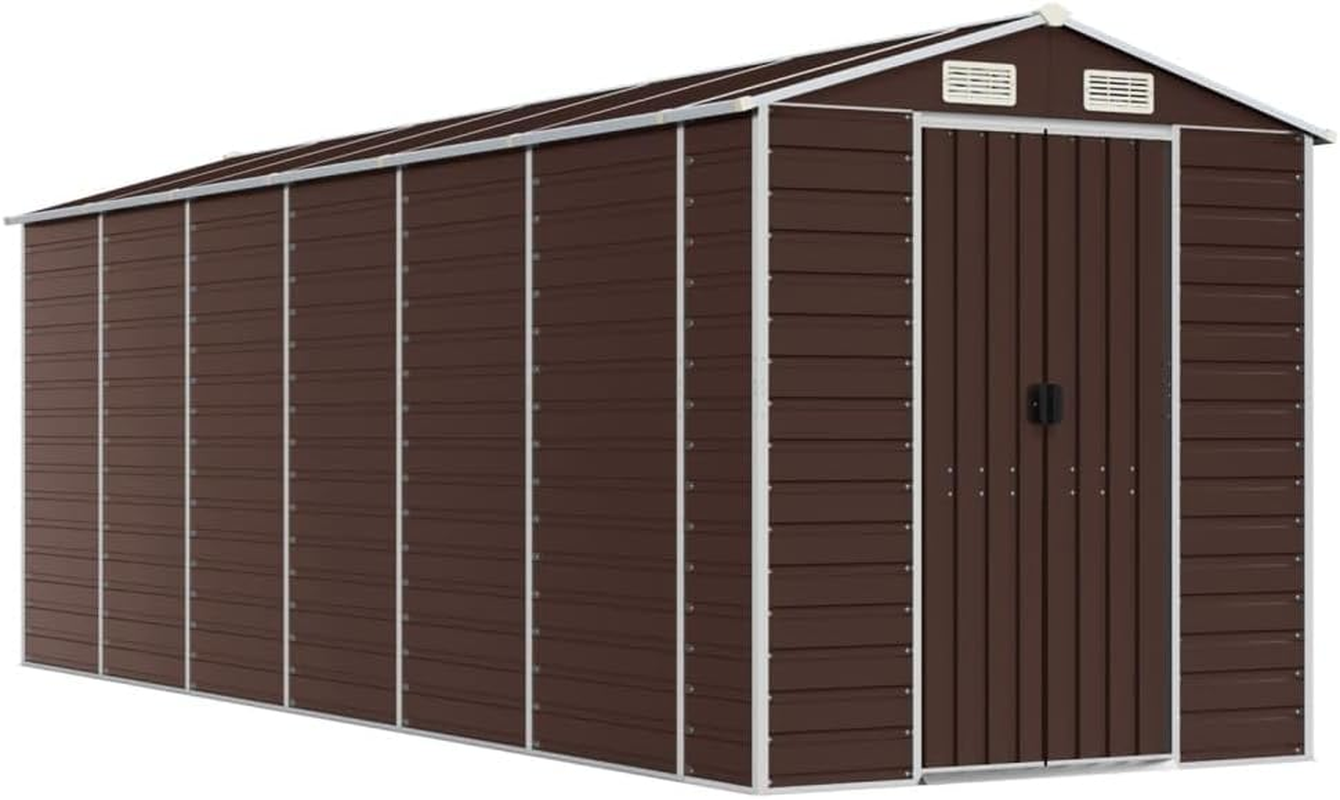 Vidaxl Garden Shed/Outdoor Metal Storage for Firewood and Tools - Brown Galvanised Steel with Ventilation, Door Handles, and Sloping Roof - 191X130X198 Cm