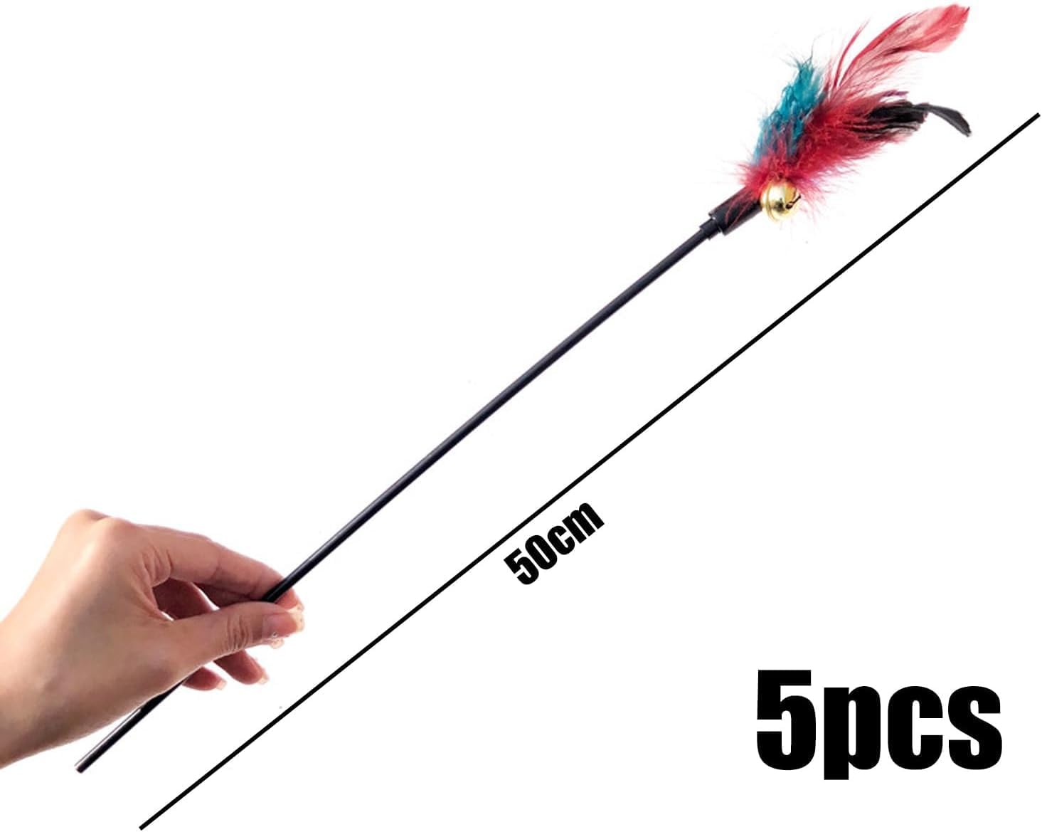 5 Pcs 20" Long Cat Feather Teaser Stick with Rattle Bell, Interactive Wand Toy for Cats and Kittens image number 5