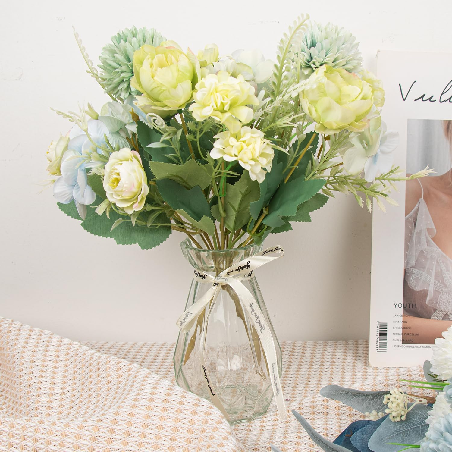 2 Bundles Artificial Flowers Set Roses Camellia Peony Chrysanthemum Combo Faux Flowers Bulk Flower Leaf with Stems for DIY Centerpieces Wedding Party Home Decorations (Green) image number 4