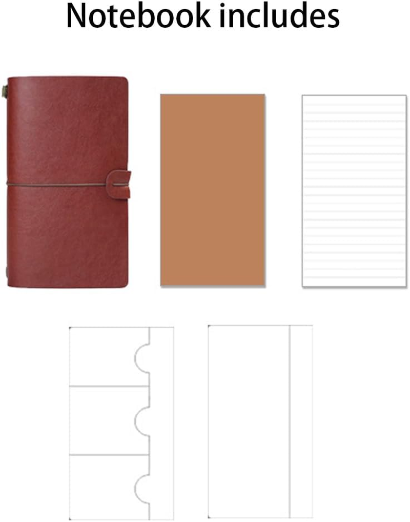 Travel Journal Notebook, Pyhot Vintage Retro Handmade Leather Journal Refillable Note Book with Kraft Paper, Lined Paper and Card Pocket,4.72 X 7.87Inch (Wine)