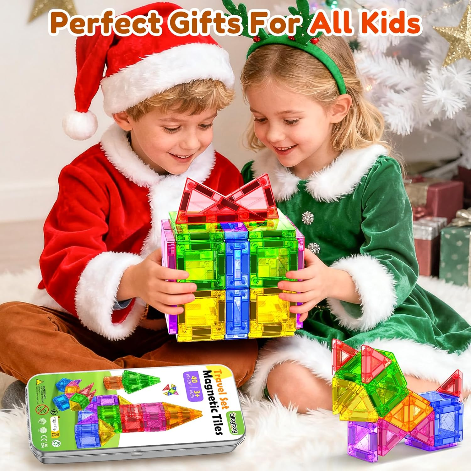 40PC Travel Magnetic Tiles for Kids Ages 3-5 with Iron Box Magnet Mini Building Blocks Kids Plane Toys for 3 4 5 6 7+Year Old Boys Girls Toddler Preschool STEM Construction Christmas Birthday Gifts image number 1