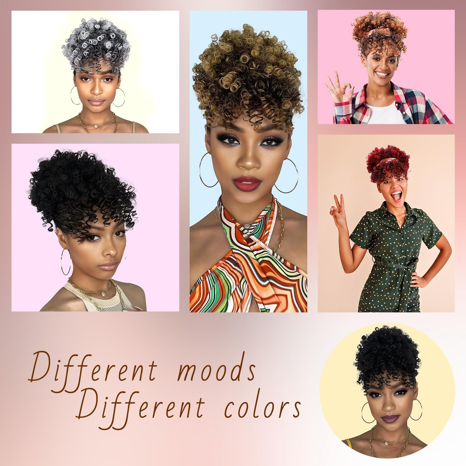 Builson Ponytail with Cord for Black Women Afro Puff Kinky Curly Hair Ponytail Extension with Bangs Natural Hair Ponytail (T27 Natural Black/Blonde) T27 Natural Black / image number 3