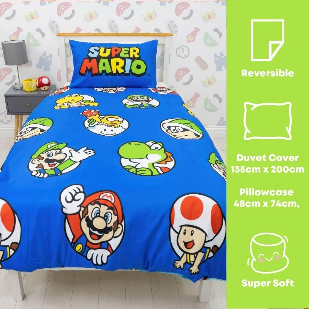 Nintendo Super Mario Official Single Duvet Cover Set, Continue Design | Blue Reversible 2 Sided Bedding Cover Official Merchandise Including Matching Pillow Case image number 2