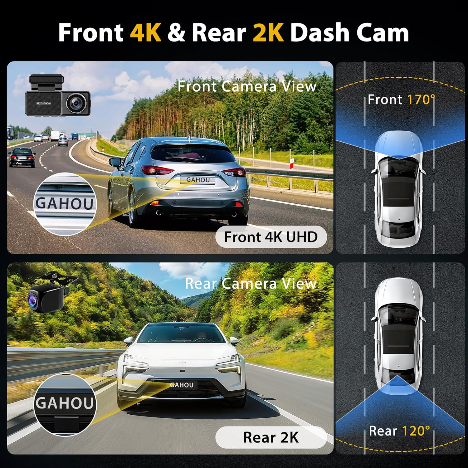 Dash Cam Front and Rear, Built-In Wifi GPS, 4K+1080P Dashcam for Car, 64GB Card Included, 24H Parking Monitor, Loop Recording, G-Sensor, Super Night Vision, 170&deg;Wide Angle, App Contro image number 4