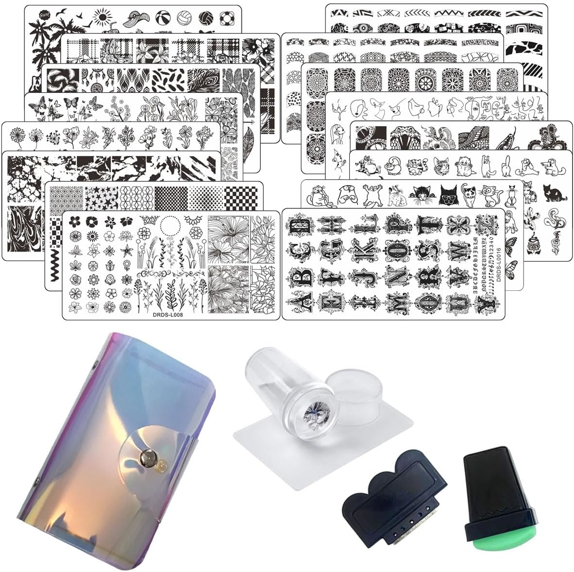 VNC 21 Pcs Nail Stamp Plates Set 16 Plate 2Stamper and 2 Scraper 1Storage Bag Nails Art Stamping Plate Scraper Stamper Set Leaves Flowers Animal Nail Plate Template Image Plate Set
