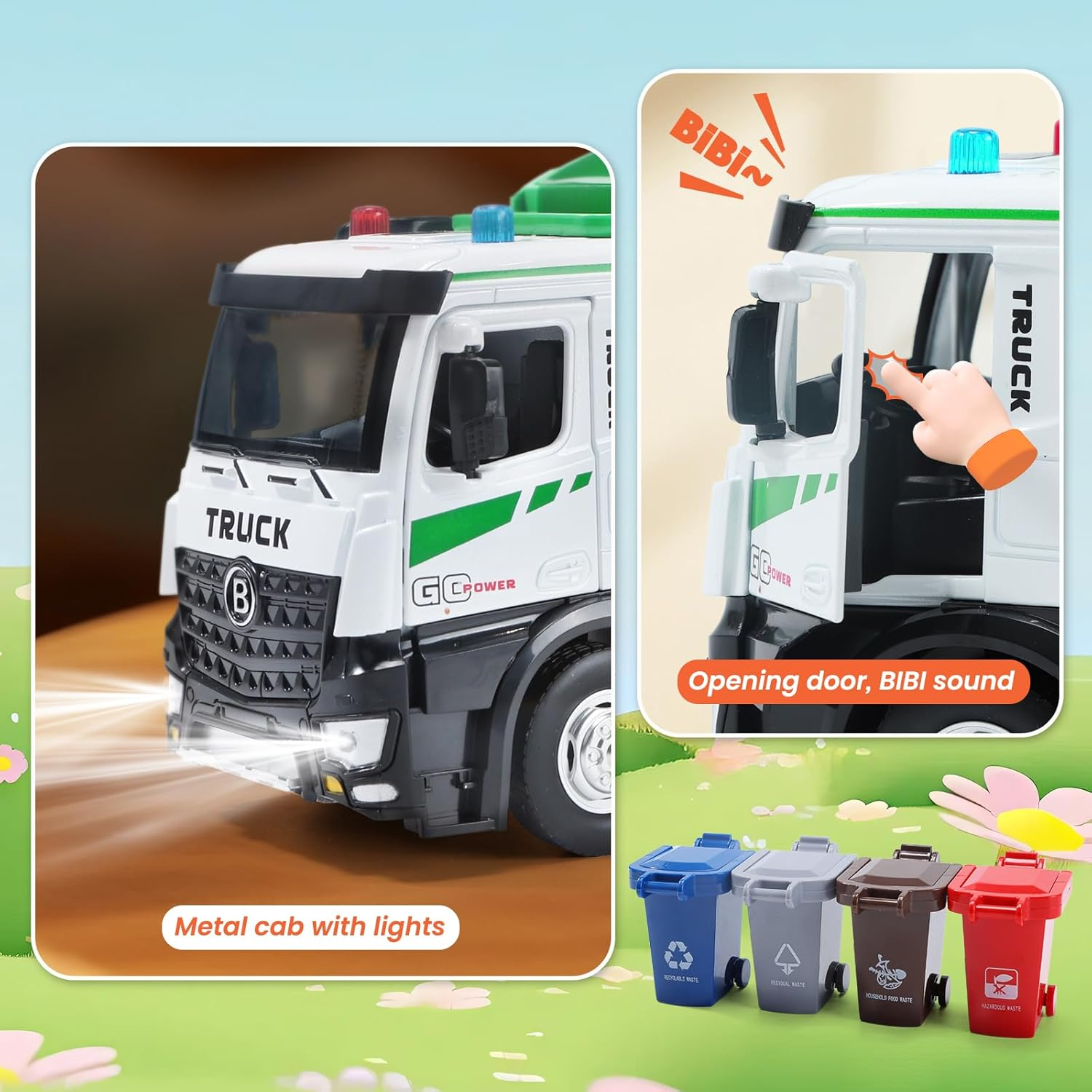 HOLYFUN 12'' Electric Garbage Truck Set with Lights & Sounds, Front Loader, Metal Cab, Friction-Powered Vehicle Cars with Dumpster, 4 Trash Bins & Sorting Cards, Play Truck Toy Kids Toddlers