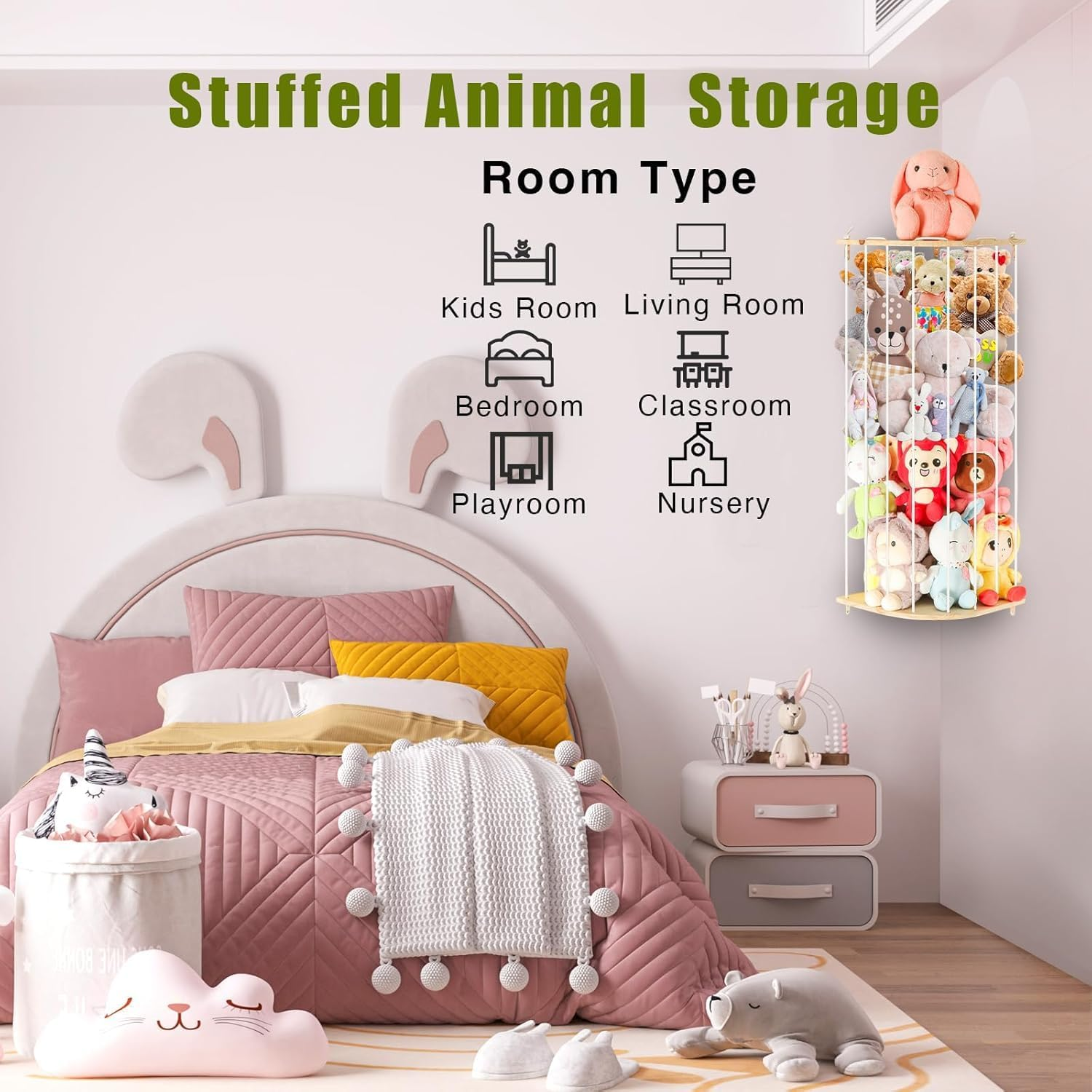 Stuffed Animal Storage for Plushie Toys, Wood Corner Stuffed Animal Toy Hammock Hanging, Stuffed Animal Net for Plushie Toys with Adjustable Height for Kids Playroom Bedroom Organizer image number 4