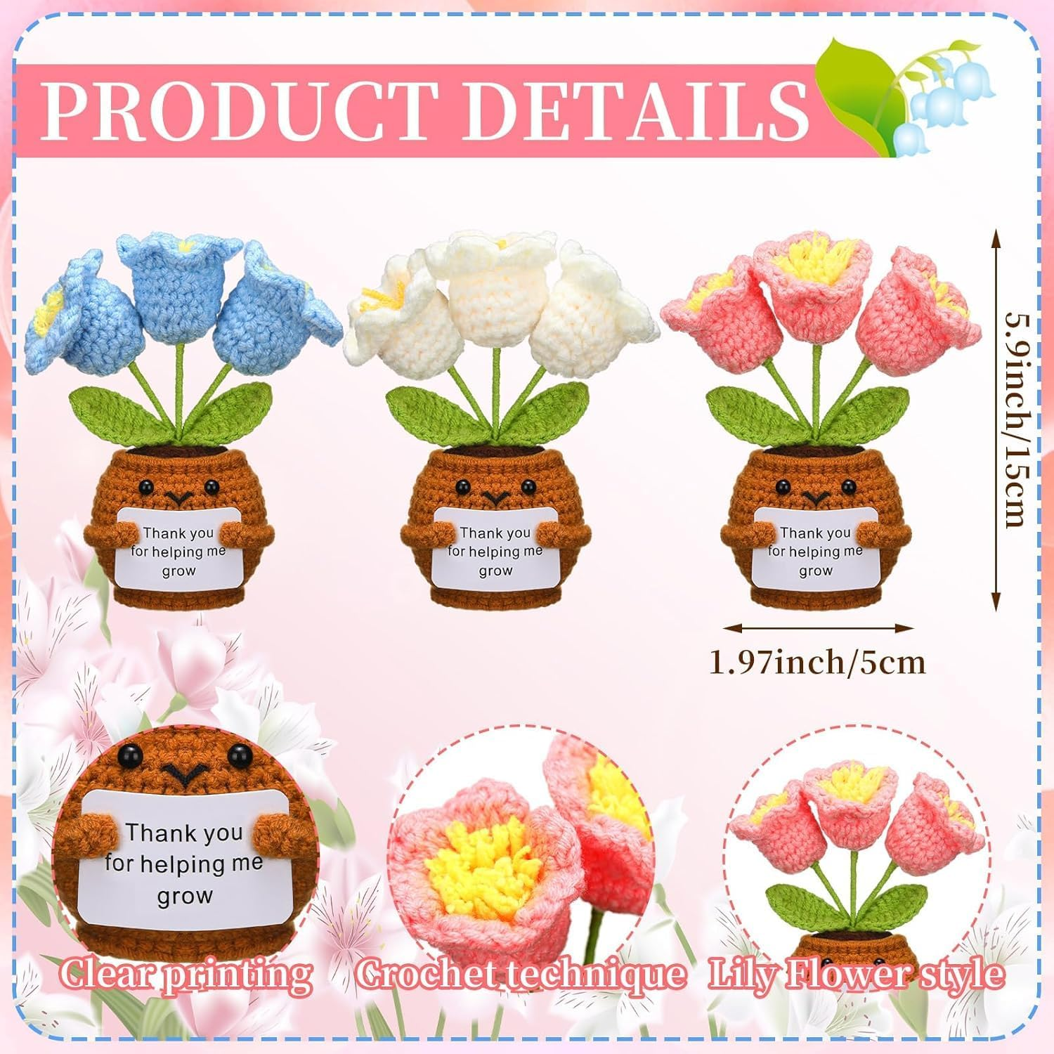 3 Pcs Teacher Appreciation Gifts, Crochet Doll with Card Thank You for Helping Me Grow Teacher Thank You for Birthday Home Office Decor(Bell Orchid) image number 2