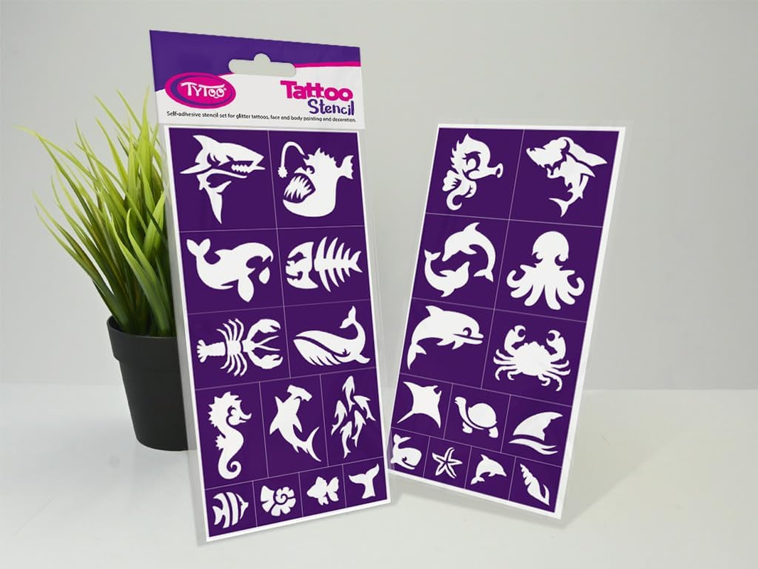 Tytoo Glitter Tattoo Stencil Set - Reusable Templates for Children & Adults - EU Design, Skin-Friendly, Perfect for Parties, Children'S Make-Up & Body Painting (Sea Animals) image number 1