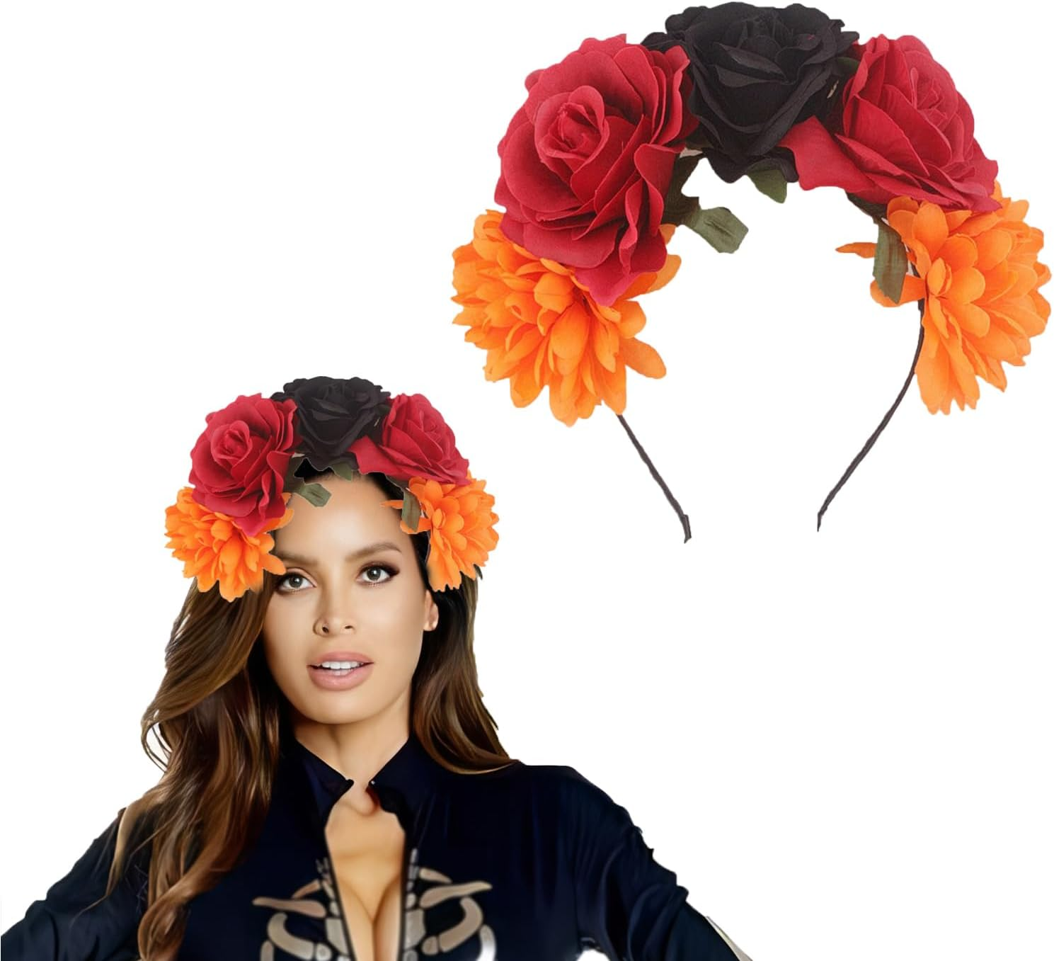 Lopsity Mexican Flower Crown Headband Hawaiian Frida Floral Rose Flower Crown Fake Flower Crowns Headbands for Women Party Costume (C)