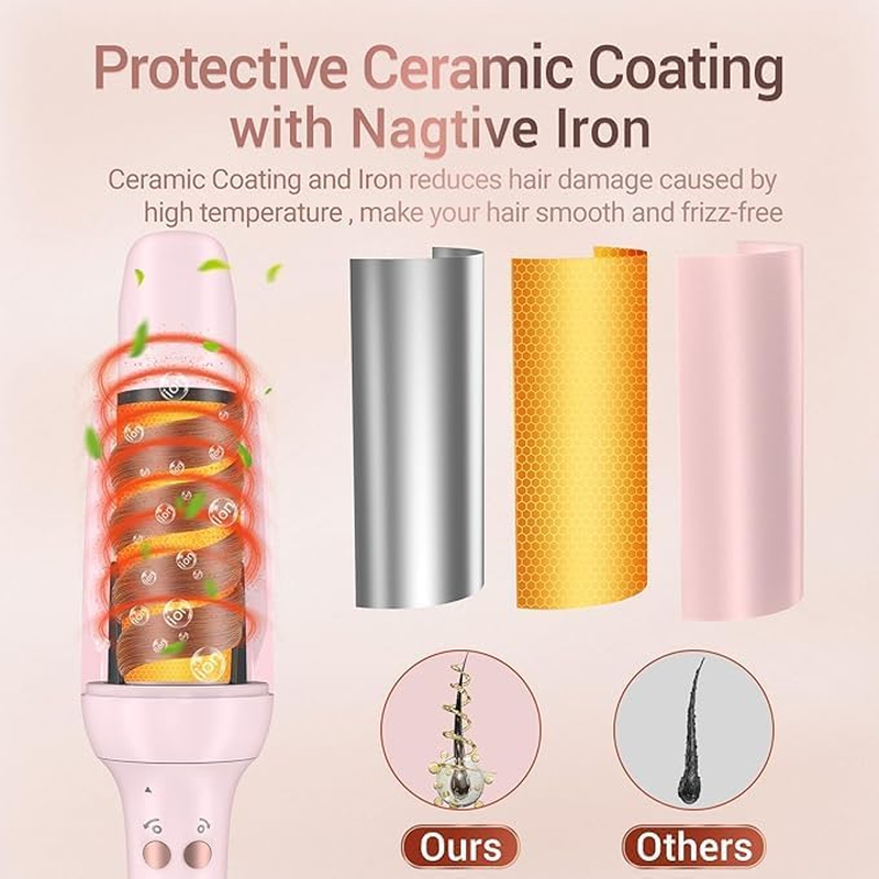 Automatic Curling Iron, Hair Waver with Anti-Tangle & Auto-Off, Hair Curler Replaceable Curling Wand with 2 Sizes Barrel (1", 1.25") & 3 Temps, Double Voltage Rotating Curling Iron (Pink, Medium) image number 3
