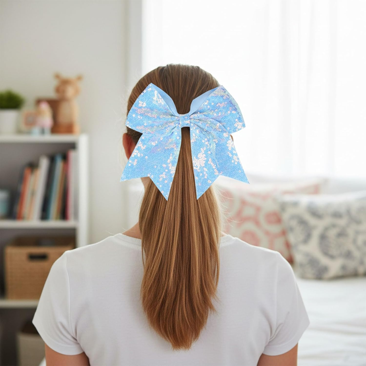 Sequin Hair Bow Elastic Hair Tie with Ribbon Design, 19&times;18 Cm Large Cheer Bow Hair Accessory for Girls Women Teens &ndash; Ruibex(Light Blue) - Light Blue image number 2