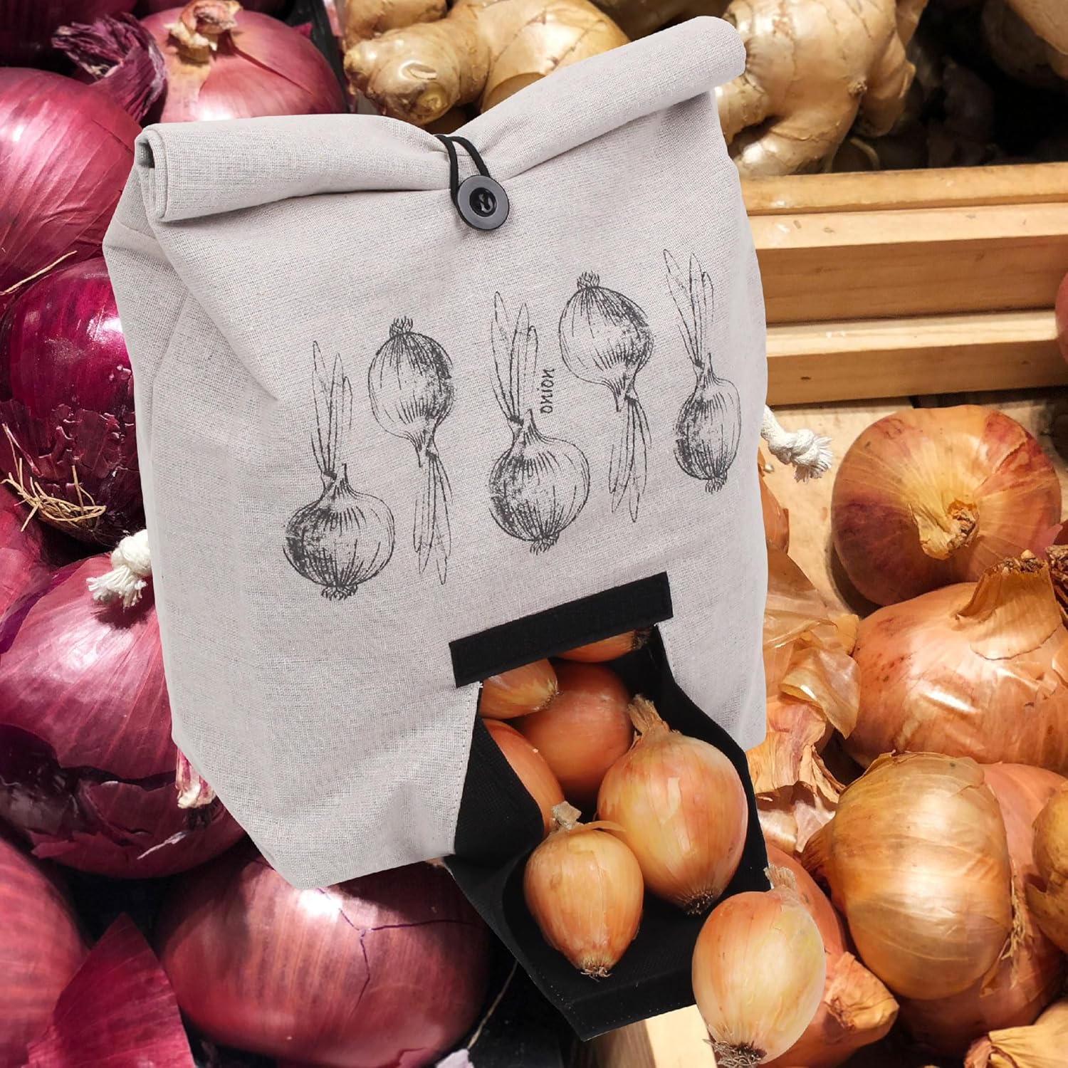 Eco Basics Onion Bag &ndash; Breathable Linen-Look Fabric, Blackout Lining, Easy Access Front Flap, Roll-Over Button Tie, 37 X 42 Cm, Ideal for Fresh Onion Storage & Reduced Waste image number 2