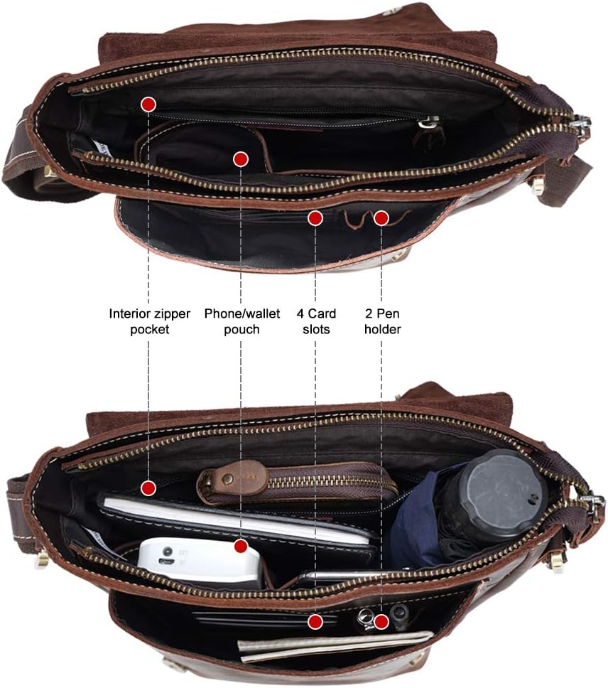 TIDING Vintage Leather Crossbody Bag for Men Women Messenger Bag Fits 10 Inch Tablet Flap over Man Purse Handbag image number 4