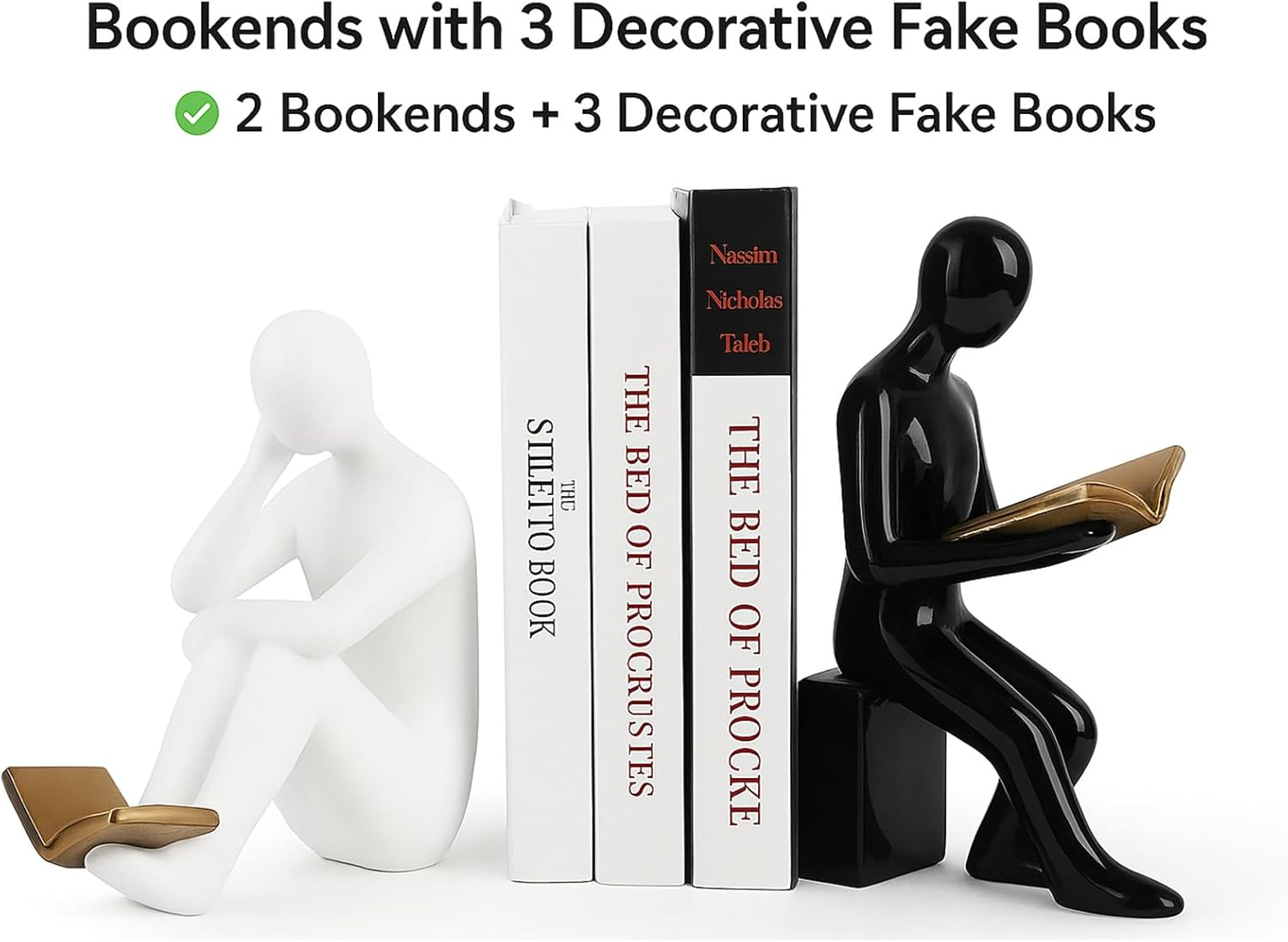 TOPSKY Modern Ceramic Bookends with 3 Decorative Books, Reading Statues, Book Sculpture, Book Statue, Book Figurine, Statue Art Sophisticated Decor for Shelves and Home (Black&White) - Silvery image number 2