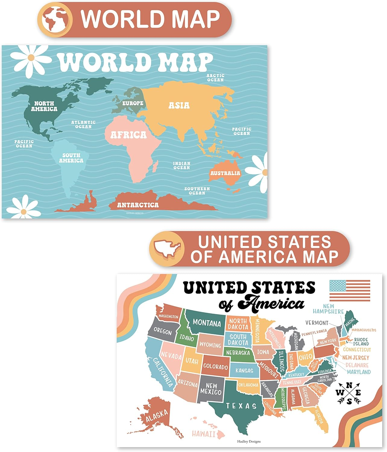 4 Retro Pre K Learning Posters for Toddlers 1-3 - ABC Poster for Toddlers Wall, Solar System Poster for Kids Maps, Preschool Classroom Map of the World Poster, Kindergarten Homeschool Supplies&hellip; image number 2