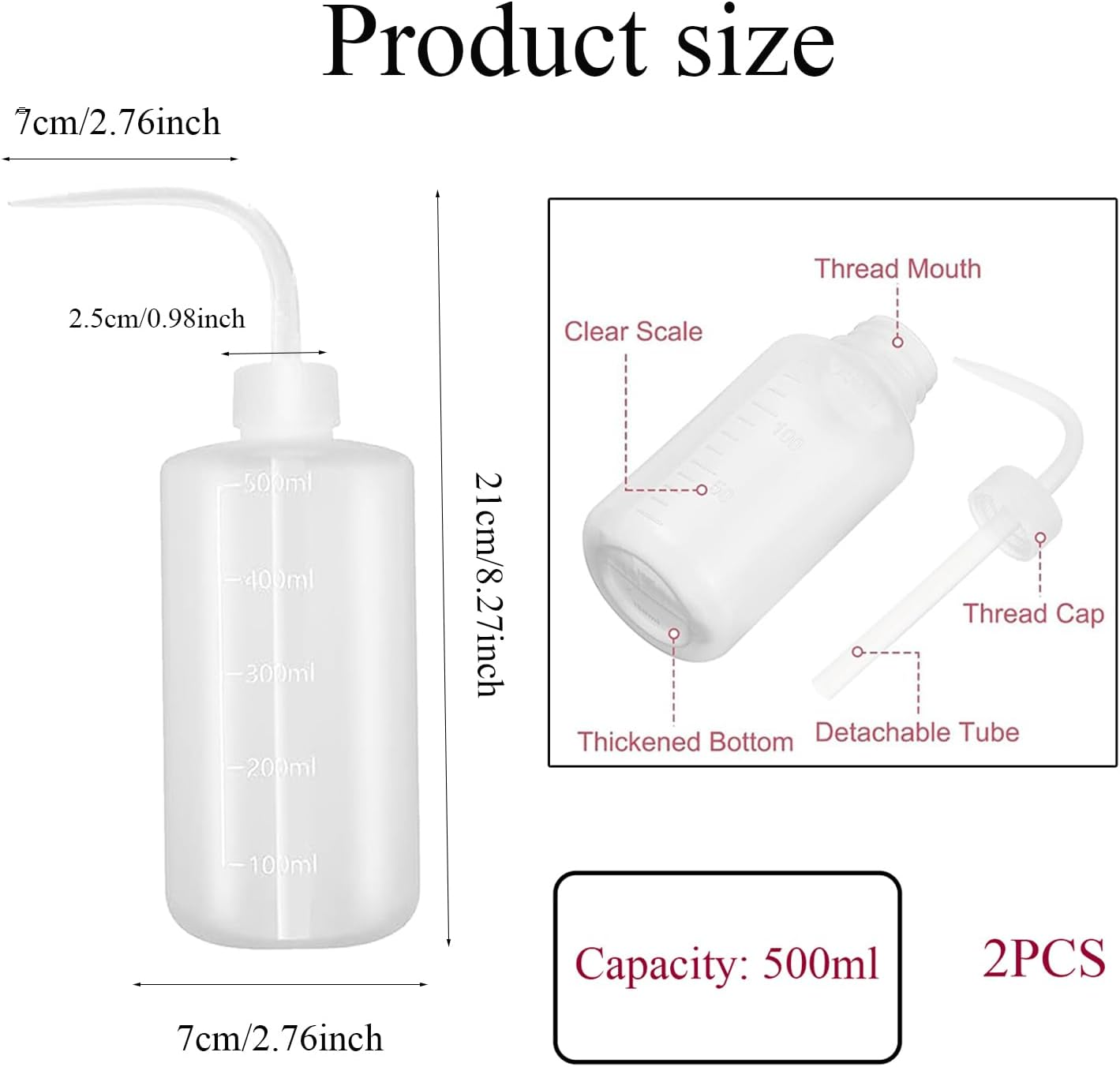 Xinghonyac 2 Pcs Tattoo Wash Bottle, 500Ml Squeeze Sprinkling Can, Plastic Wash Plant Bottle, Flower Succulent Watering Bottle, Water Squirt Irrigation Bottle, with Curved Mouth and Scale Marks (A) image number 2
