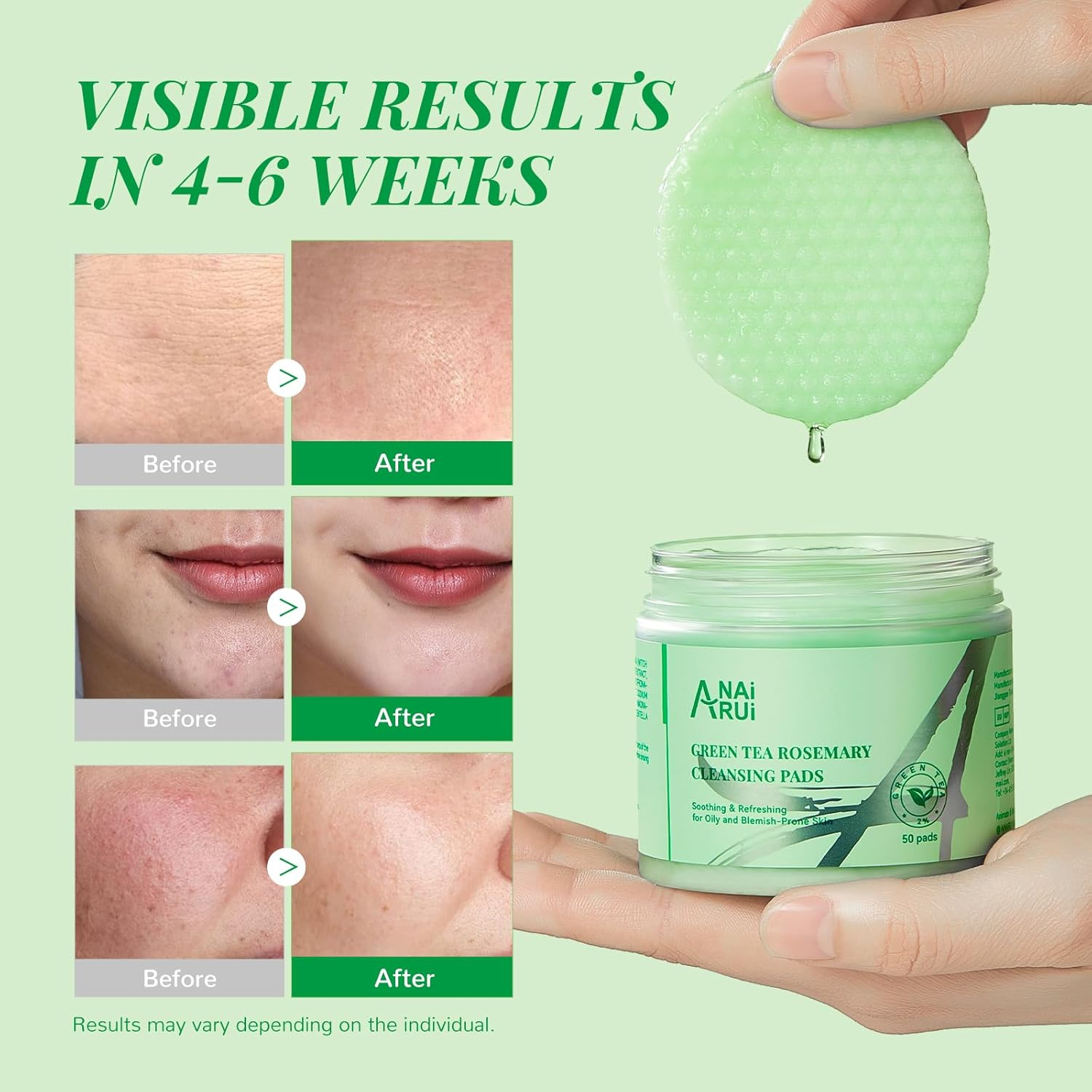 ANAI RUI Green Tea Rosemary Cleansing Pads with Bubbles, Make-Up Remover Pads, Face Scrub Pad with Tea Tree Oil Centella, Exfoliating Deep Cleansing Pad for Face and Body, 50 PCS image number 2