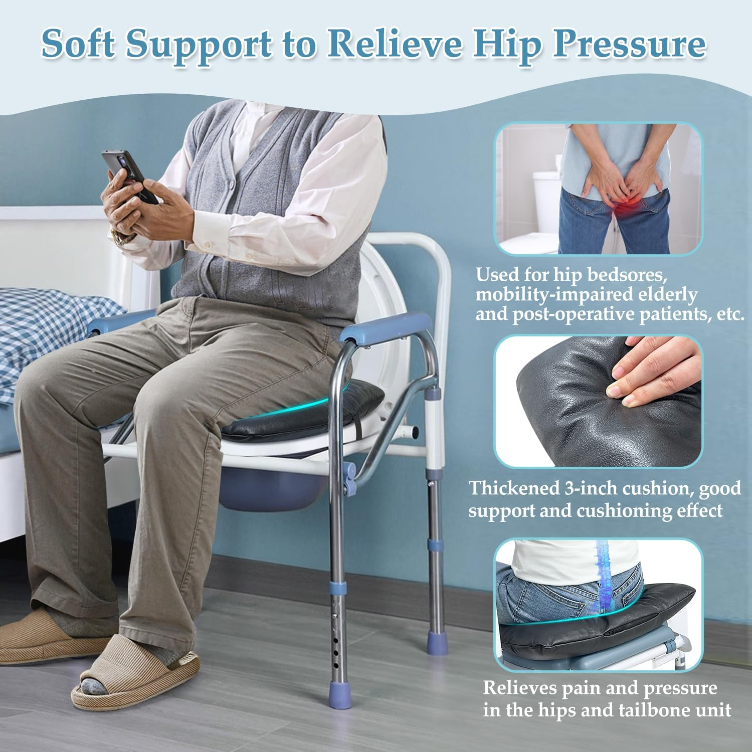 Bedside Commode Seat Cushion Toilet Seat Padded Soft Shower Chair Seat round Cover for Seniors, Elderly after Surgery Pressure Relief Portable Toilet Commode Seat Padded Easy Clean image number 4