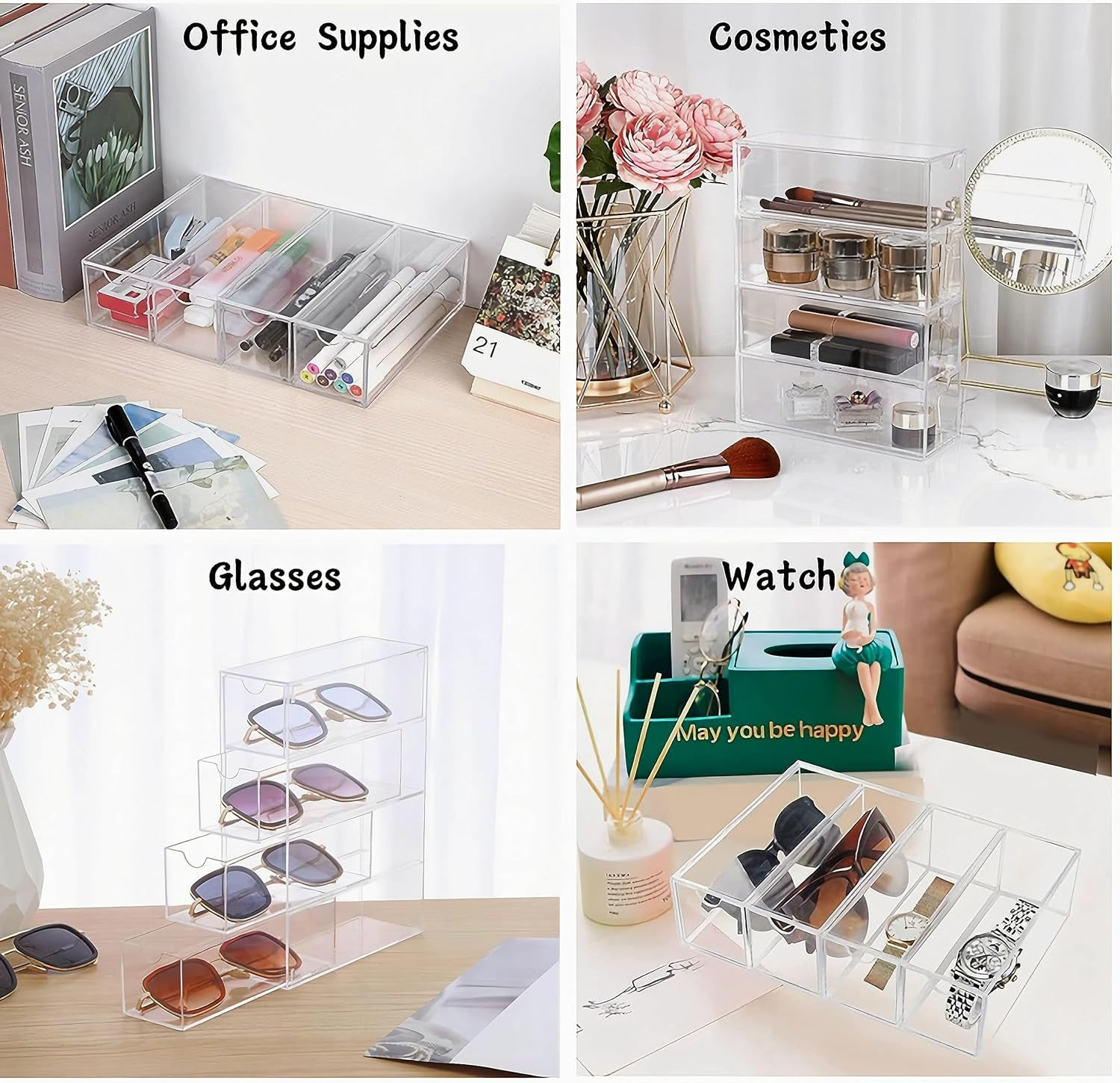 Acrylic Eye Glass Storage Organizer Box with 4 Clear Divided Drawers for Sunglasses Stackable Cosmetic Jewelry Makeup Tabletop Coffee Pod Display Organizer Holder（Clear) image number 2