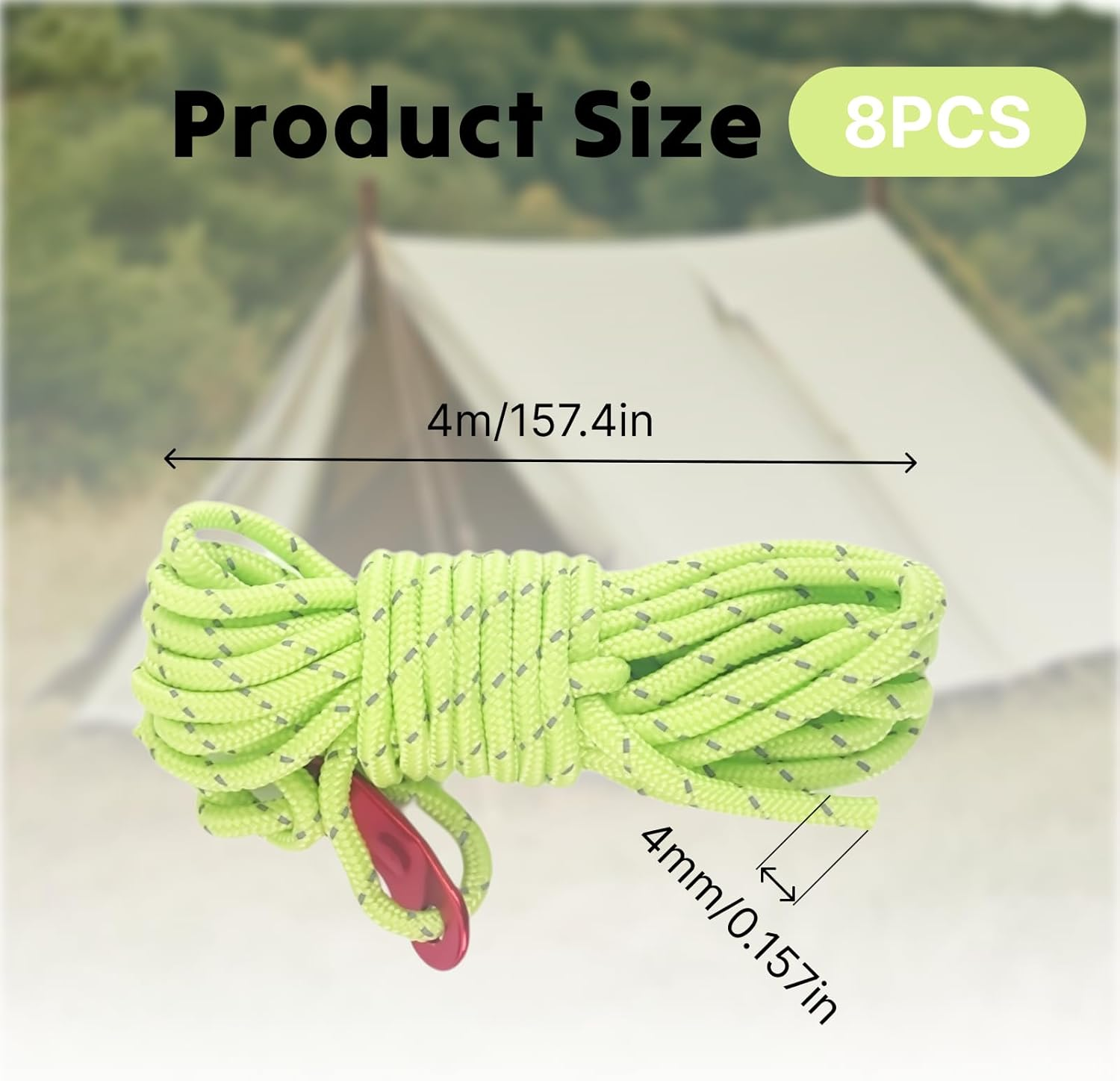 Pack of 8 Reflective Guy Ropes for Tents, 4Mm Luminous Tension Cord with Aluminium Tensioner Adjusters, Ideal for Camping, Hiking, and Awning Tents, 13.1 Feet Long, Green image number 5