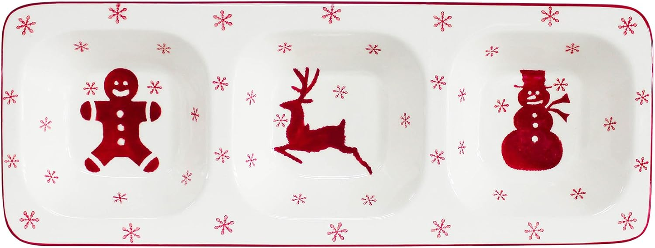 Euro Ceramica Winterfest Collection Festive Ceramic Wavy Edge Candy/Snack Bowls, 3 Piece Set, Assorted Hand-Stamped Holiday Designs, Red & White image number 6