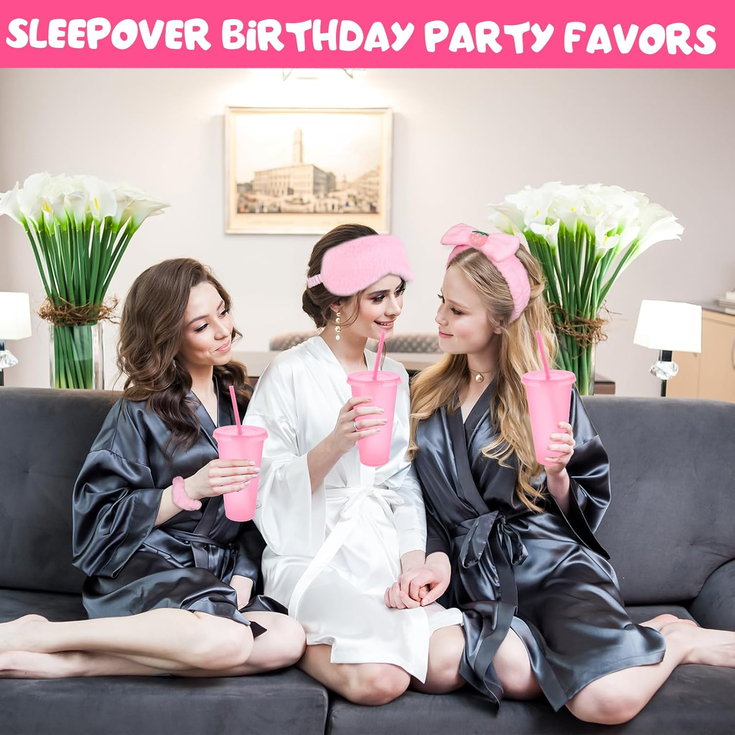 30 Piece Party Set Pajamas Girls Gift 6 Cute Hair Bobbles for Women 6 Spa Plush Sleep Masks Pink 6 Reusable Sequin Cups 6 Makeup Headbands 6