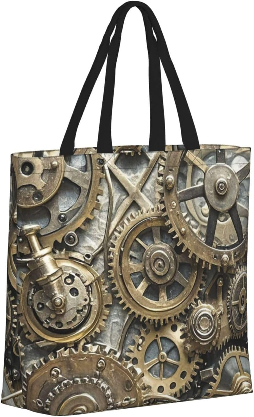 STVYUKL Cool Steampunk Gears Tote Bag for Women Casual Portable Shopping Handbags with Zipper Inner Pocket Reusable Waterproof Beach Grocery Bag for Shopping Travel Work, Black, One Size image number 1