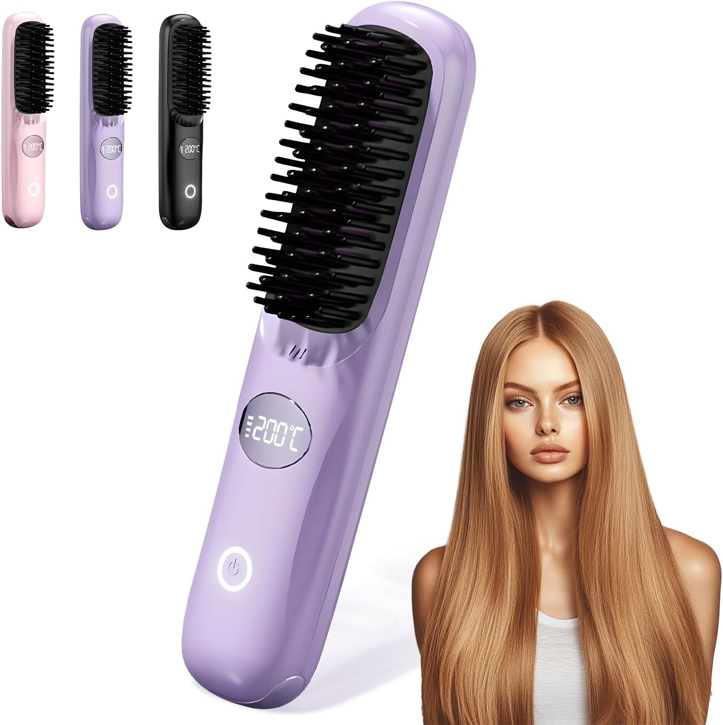 Hair Straightener Brush Cordless, Mini Hair Straightening Brush with USB Rechargeable, LED Display, Fast Heating, Portable Heating Brush for Travel, Mini Hot Ionic Straightener Comb for Women, Pink