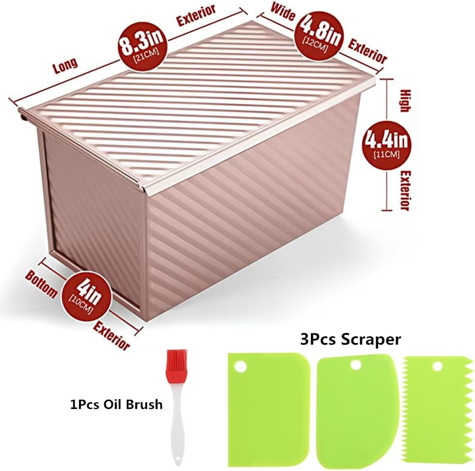 Kitment Loaf Pan with Lid, Bread Tin, 0.99Lb Non-Stick Carbon Steel Bread Bakeware Toast Mold Rectangle Corrugated Toast Box for Oven Baking with Bench Scraper, Oil Brush image number 3