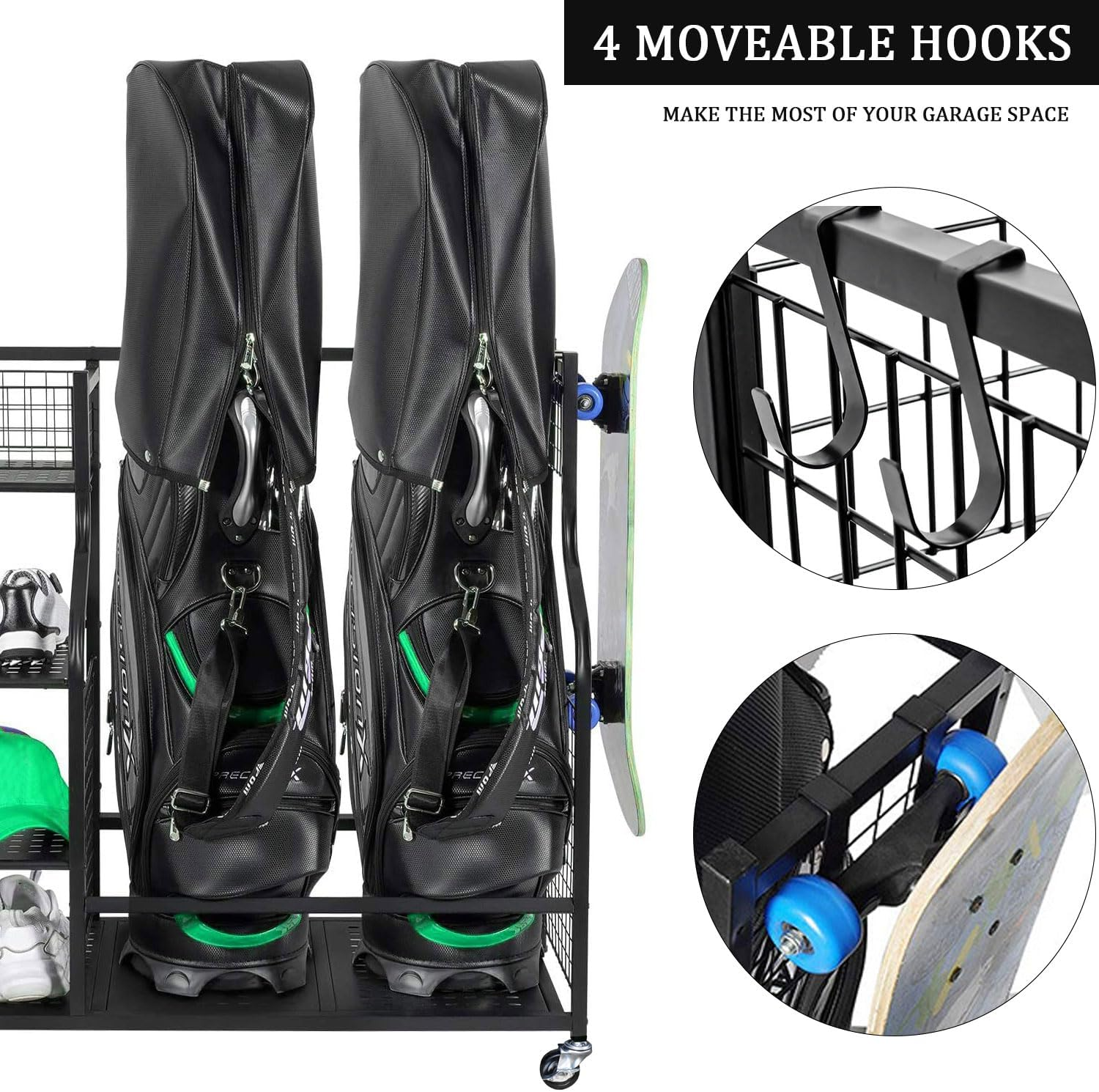 Golf Storage Organizer Golf Bag Storage Stand Golf Bag Organizer Garage Sport Equipment Storage Rack with Wheels Golf Equipment Rack with 4 Removable Hooks Large Capacity for Golf Storage Accessories