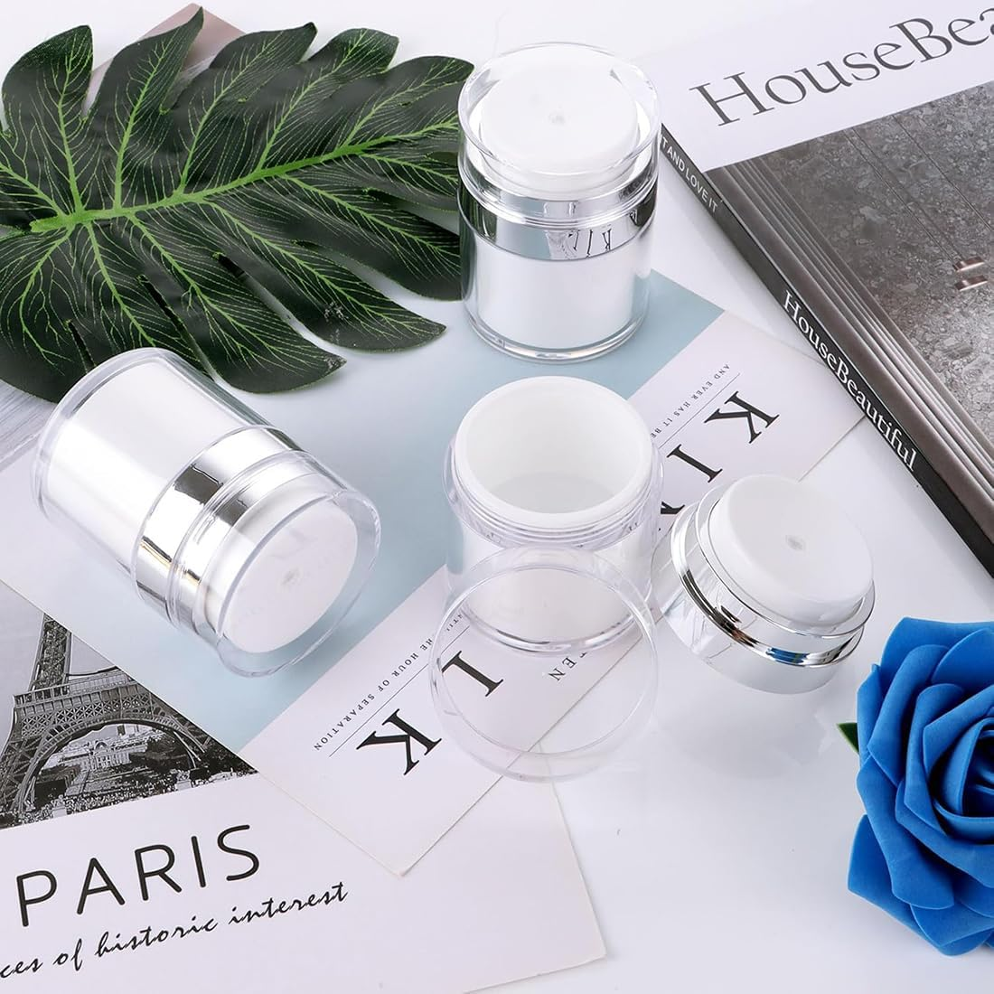 2 Pack 1Oz Airless Pump Jars, Empty Acrylic Makeup Cosmetic Jar Containers with Pump, Refillable Pump Dispenser Moisturizer Dispenser Travel Containers Portable Lotion Cream Jars(White) image number 6