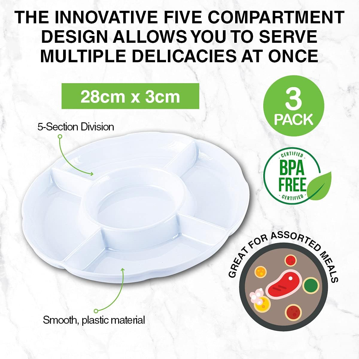 Home Master round Melamine Platter Tray with 5 Section Divider, White, 28 Cm Diameter X 3 Cm Size image number 4