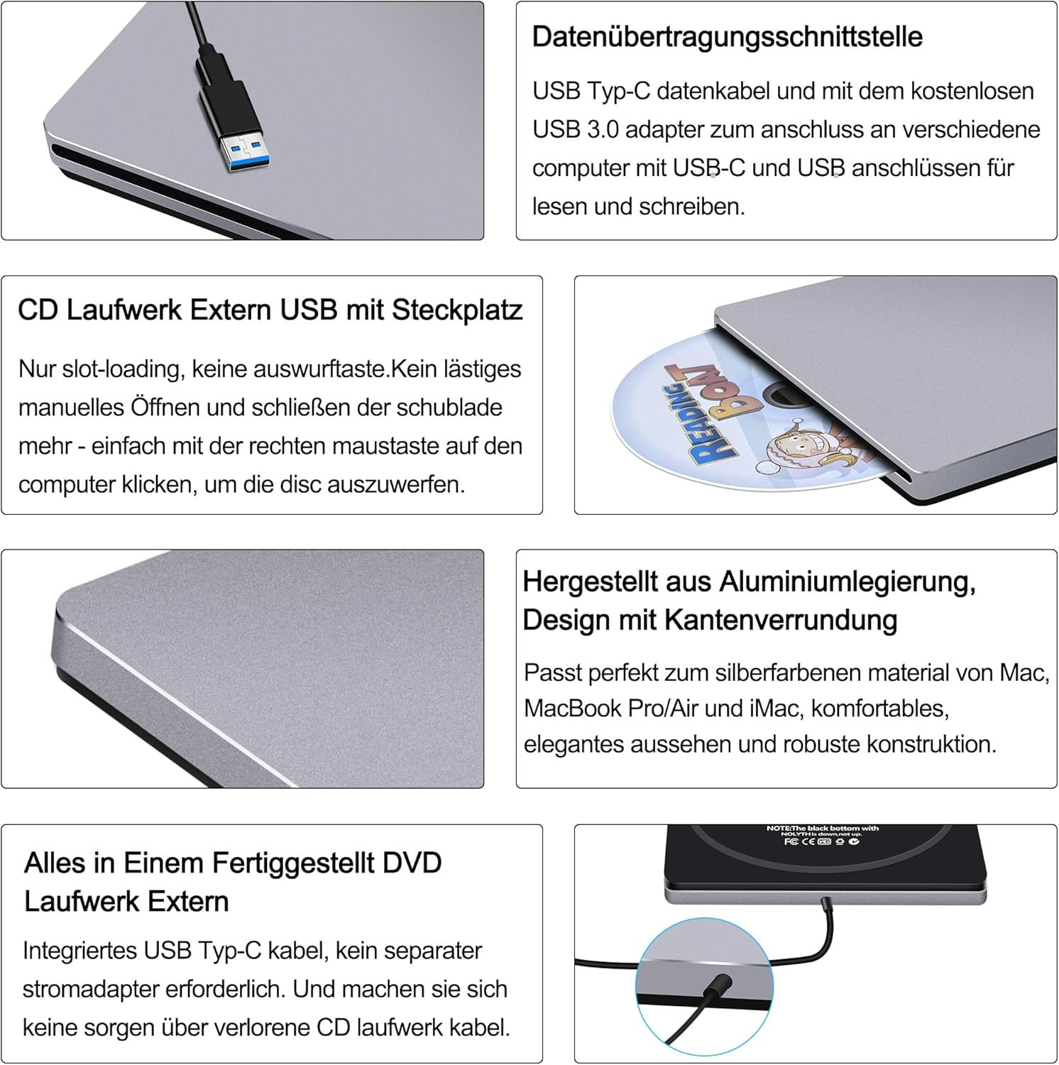 USB C Superdrive NOLYTH USB3.0 External DVD CD Drive External DVD CD Burner Drive Compatible with Macbook Air/Pro/Laptop/Pc/Windows 10 (Grey)