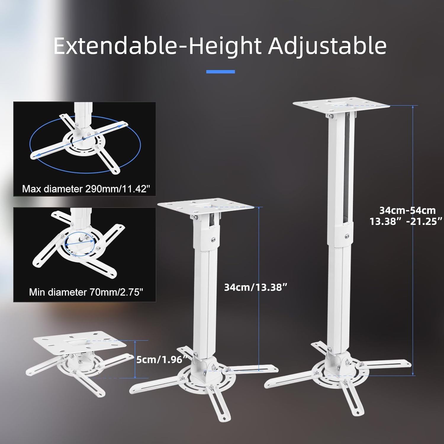 Suptek Projector Ceiling Mount, Projector Wall Mount Rotate 360 Swivel 90 Tilt 90 with 210-540Mm Extension Pole for Projectors Max 13.6Kg, 70-300Mm Fixing Holes, Ceiling Projector Bracket White PR05W image number 1