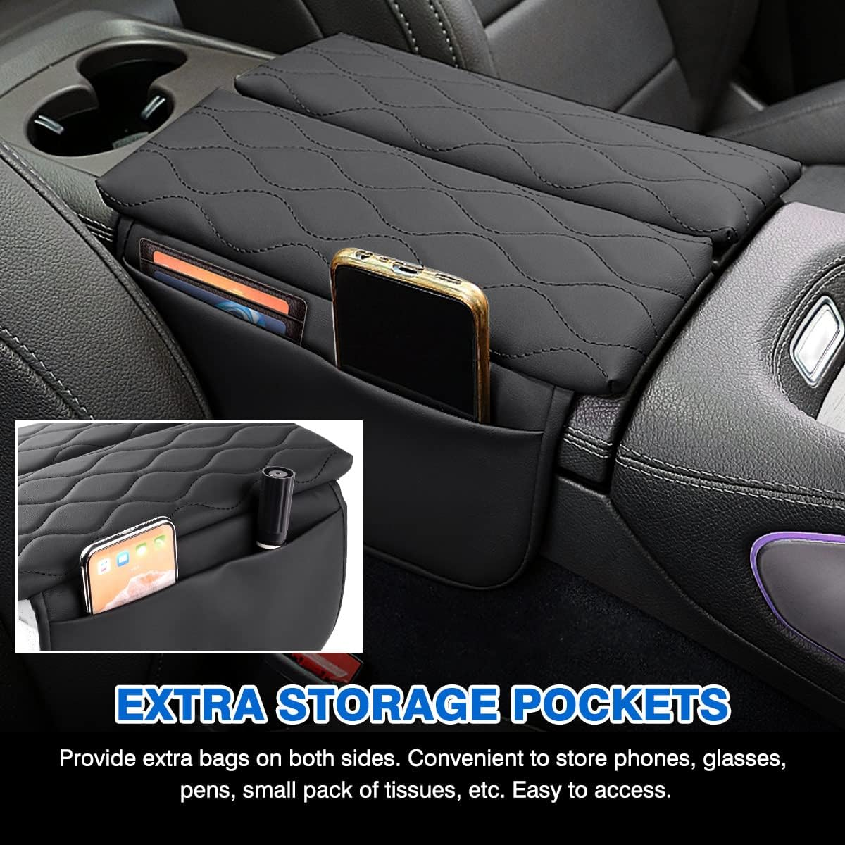 Karltys Compatible with Center Console Cover Mercedes Benz GLE GLS Class 2020-2023 Armrest Cover Pad Leather Cushion Protector with Phone Holder Storage Bag Anti-Scratc Black