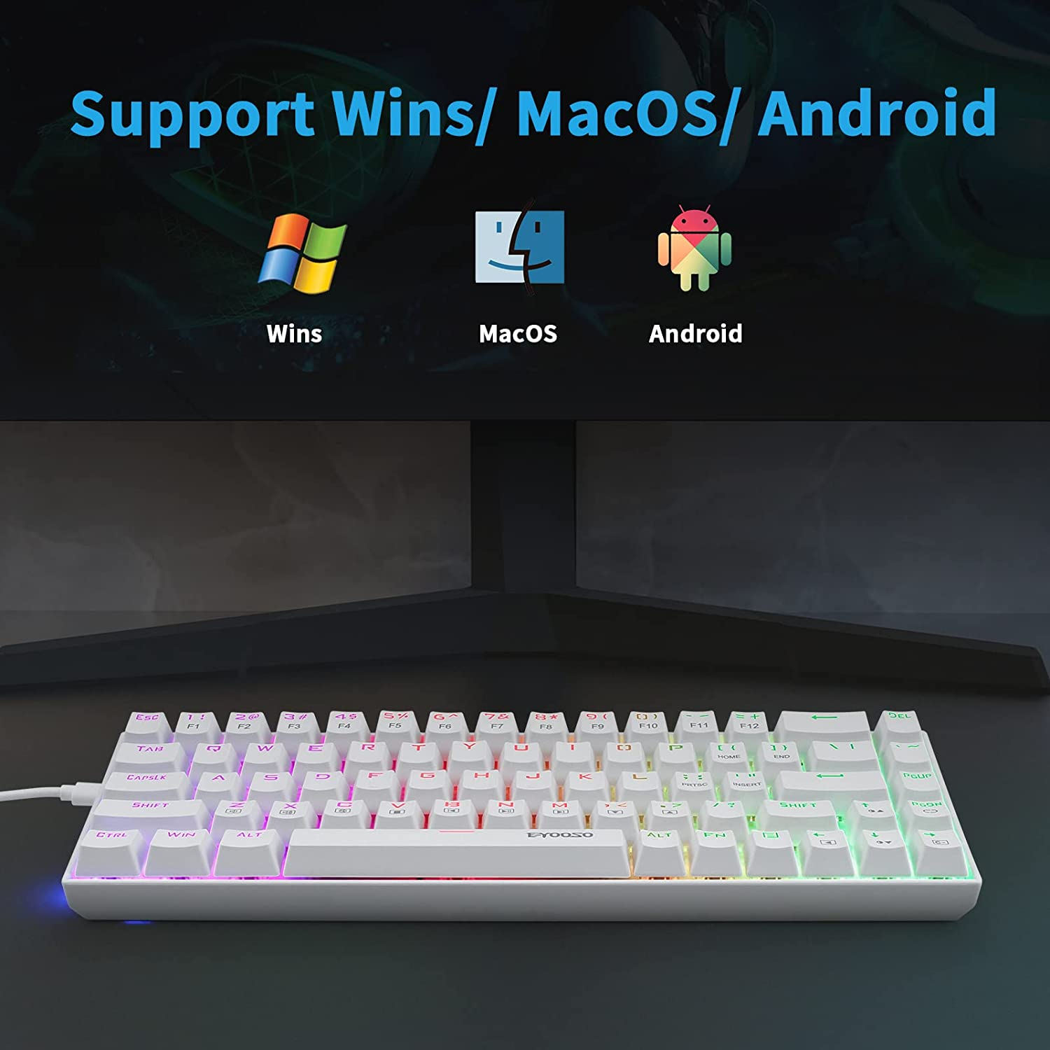 HUO JI Portable 65% Mechanical Gaming Keyboard, E-YOOSO Z-686 Customizable Per-Key RGB Backlit, Compact 68 Keys Mini Wired Office Keyboard with Red Switch for Windows Laptop PC Mac - White image number 5