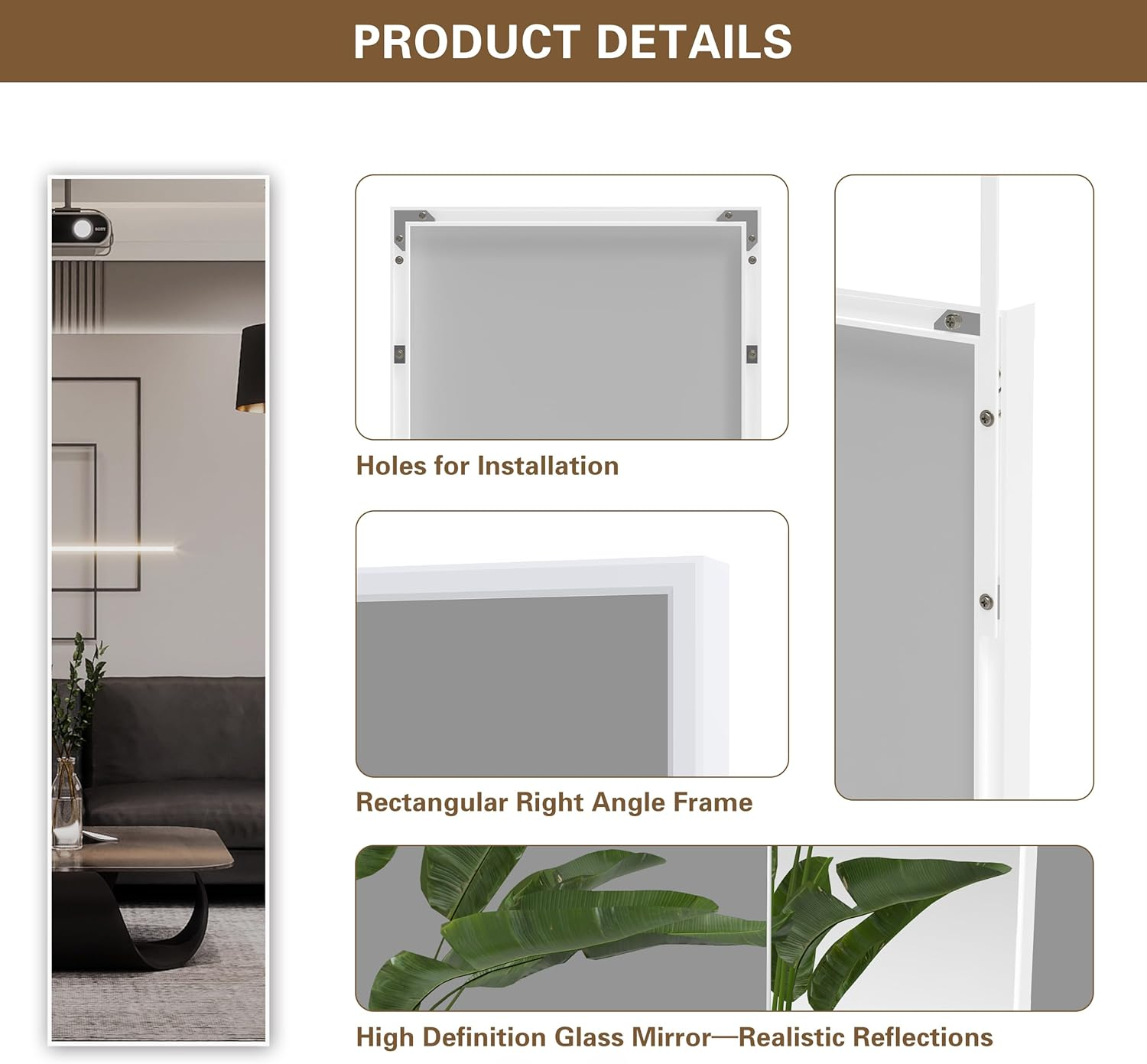 ANYHI over the Door Mirror, 120X30Cm Wall Mirror Full Length, White Mirror Full Length, Door Hanging Mirror, Full Body Mirror for Door, Wall Mounted Mirror for Bedroom Bathroom image number 4