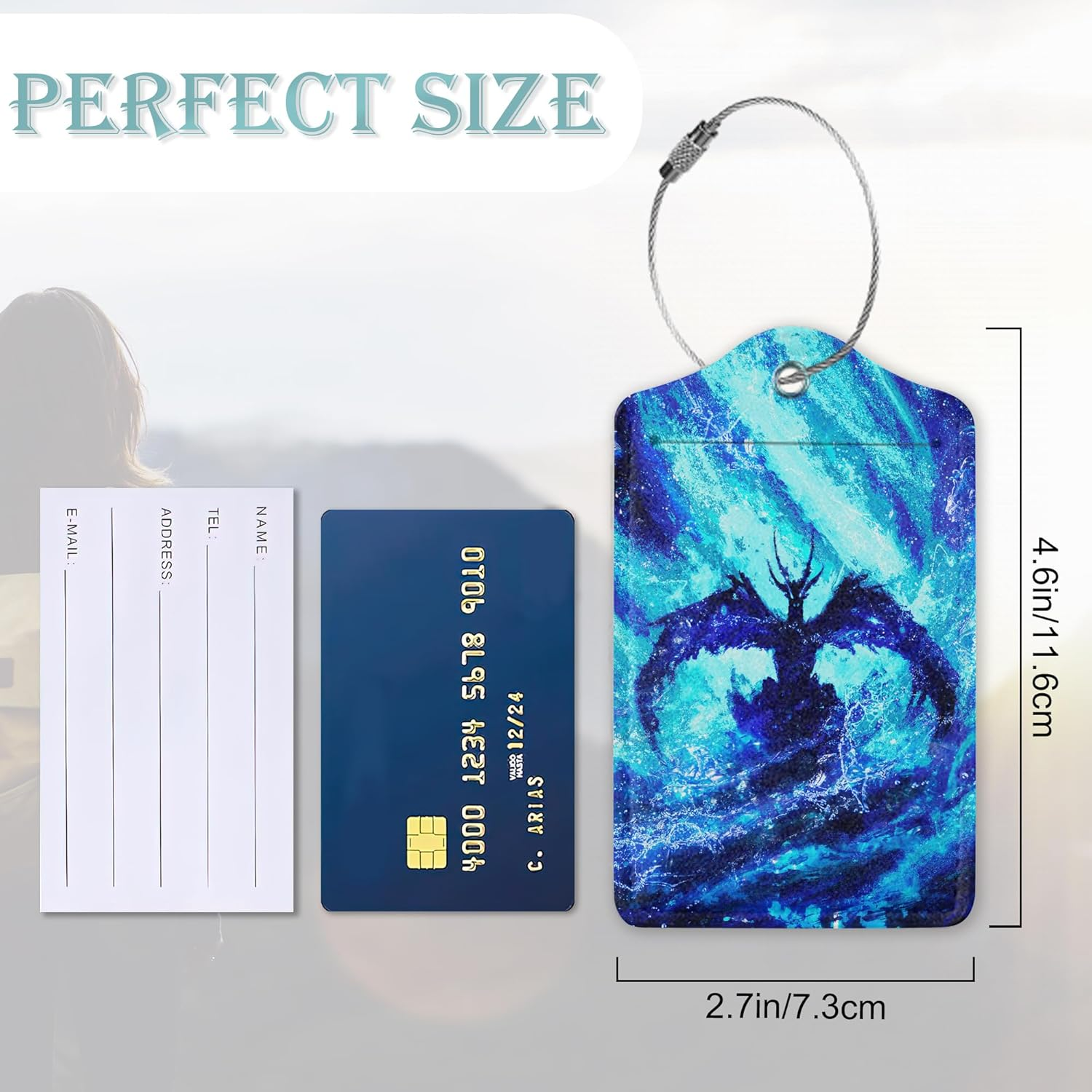 SKYDAWNY 2 Pack Leather Luggage Tags for Suitcase,Blue Dragon Water Glowing Travel Cruise Baggage Tag for Women Men Luggages Bag with Privacy Cover Name ID Label Stainless Steel Loop image number 1